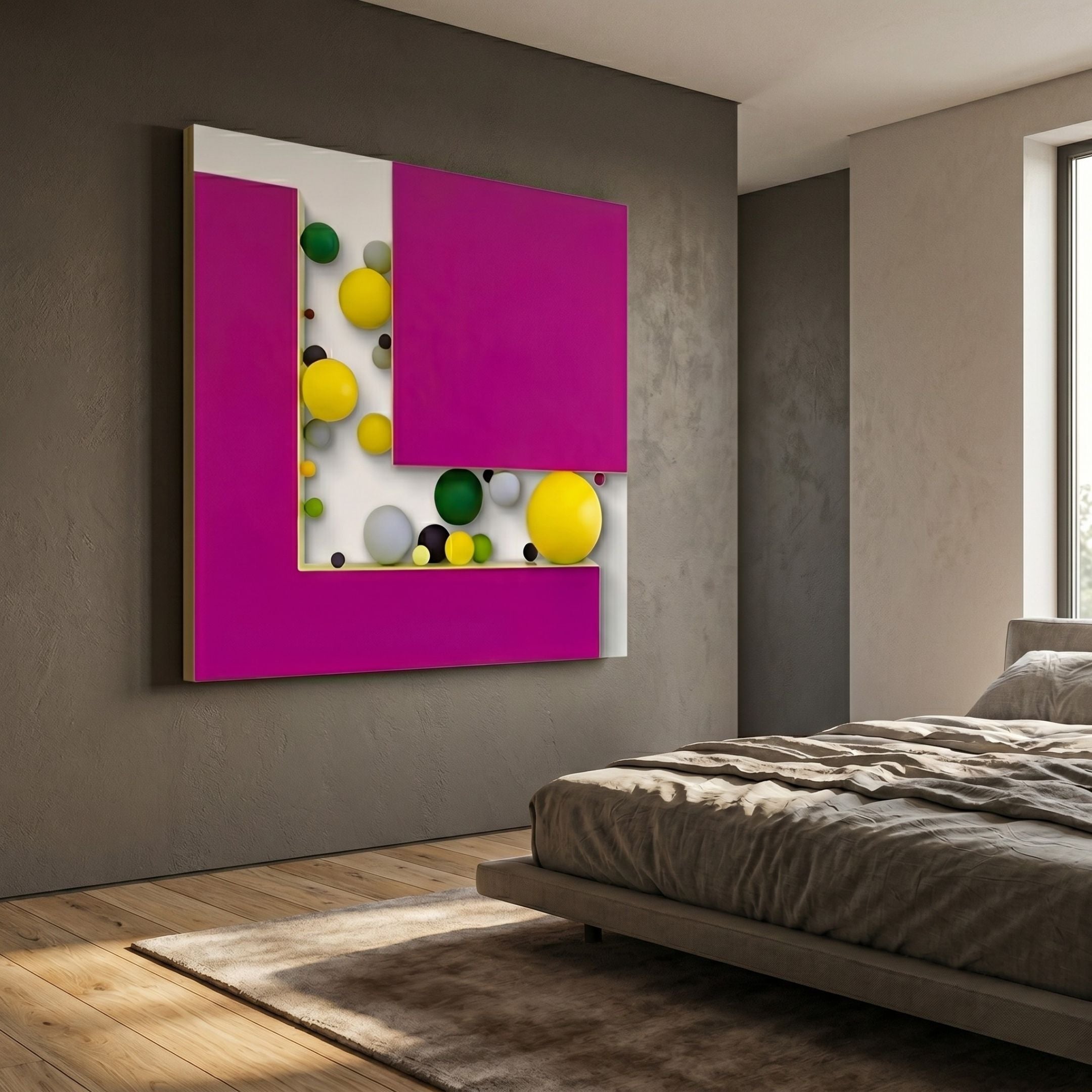 Chromara Magenta & Yellow Sphere Cascade 3D Wall Art by Giant Sculptures, with magenta L-blocks framing yellow, green, white and black spheres, in a bedroom.