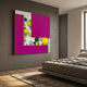 Chromara Magenta & Yellow Sphere Cascade 3D Wall Art by Giant Sculptures, with magenta L-blocks framing yellow, green, white and black spheres, in a bedroom.