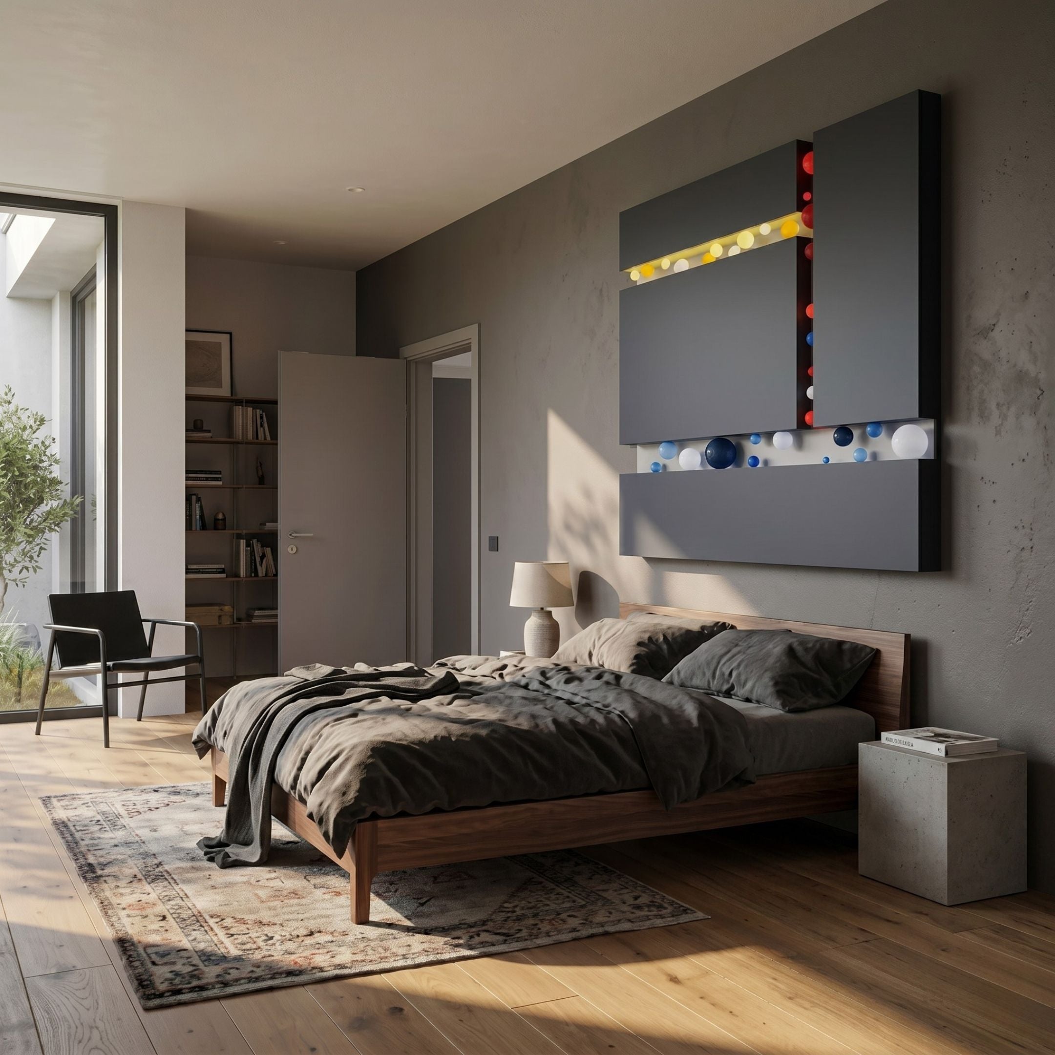 Chromara Blue & Red Sphere Cascade 3D Wall Art by Giant Sculptures mounted on a grey bedroom wall above a walnut bed with charcoal linens and rug.