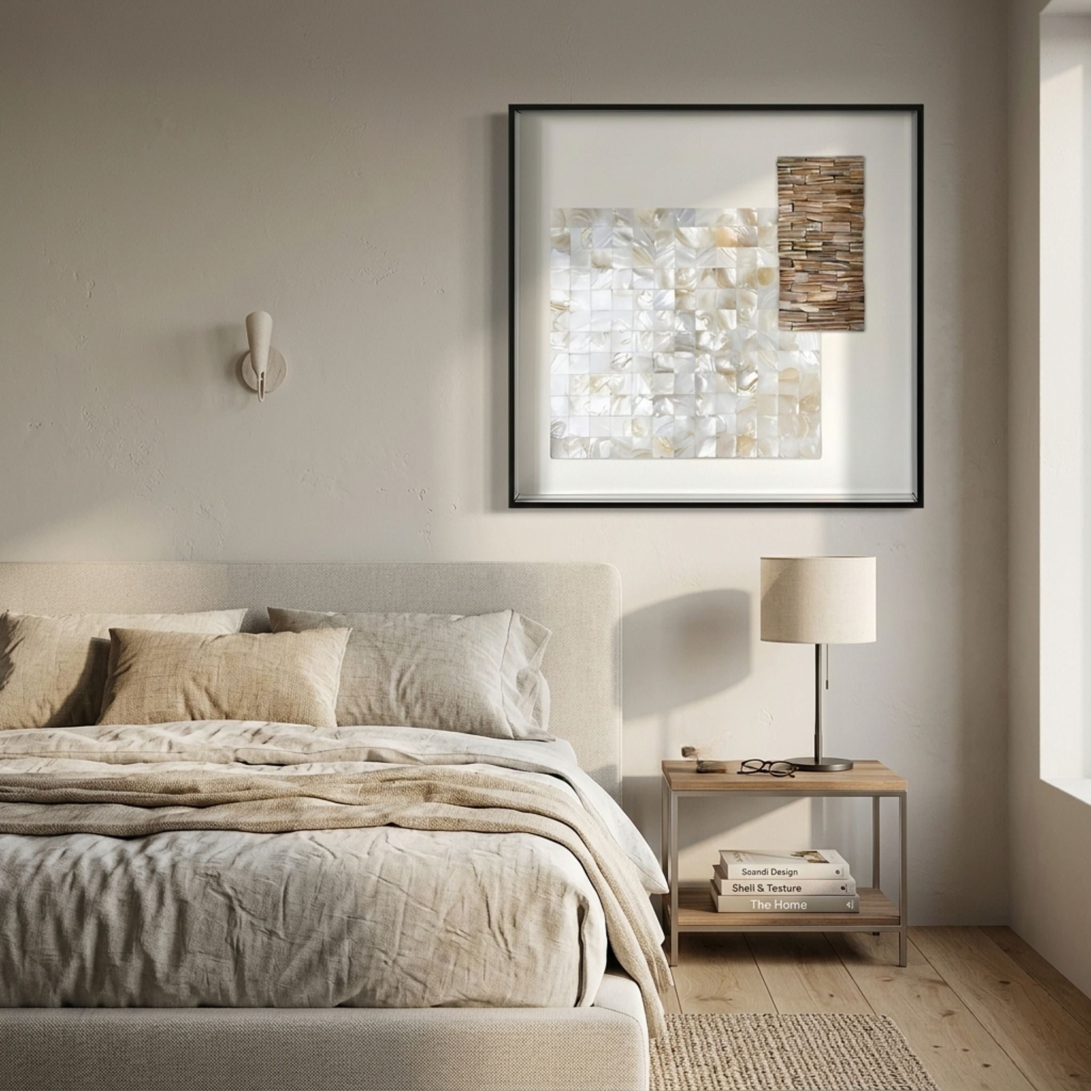 Lustrosa Pearl & Shell Mosaic II 3D Wall Art by Giant Sculptures, featuring iridescent mother-of-pearl tiles and a wooden stick panel, displayed above a linen bed.