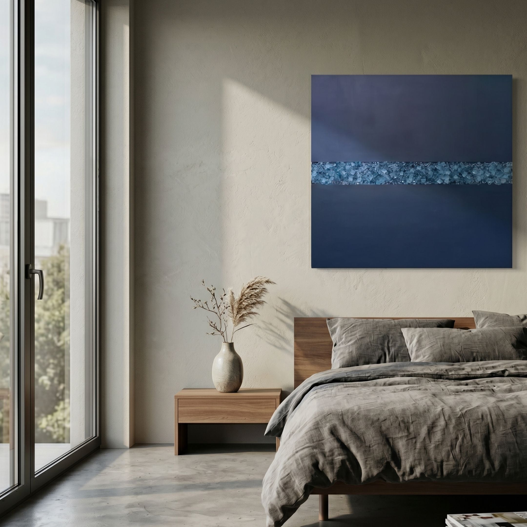 Cryolume Midnight Blue Crystal Inlay 3D Wall Art mounted above a wooden nightstand in a modern bedroom with grey linen bedding and a pampas grass vase.