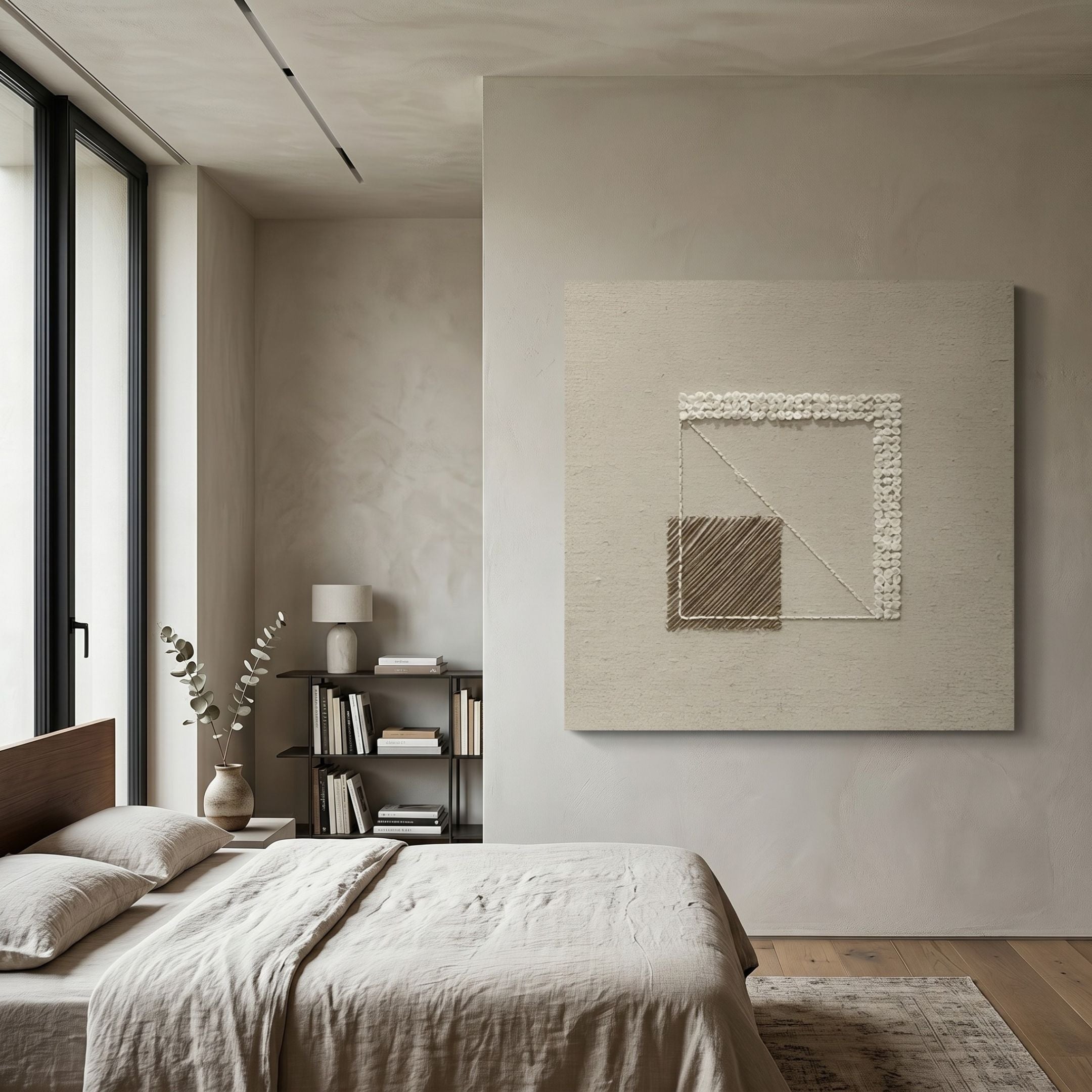 Textura Cream Geometric Linen Thread 3D Wall Art by Giant Sculptures displayed above a linen-dressed bed beside a bookshelf, lamp, and eucalyptus vase.