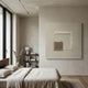 Textura Cream Geometric Linen Thread 3D Wall Art by Giant Sculptures displayed above a linen-dressed bed beside a bookshelf, lamp, and eucalyptus vase.