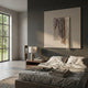 Textura Taupe Fringe Linen Rope 3D Wall Art by Giant Sculptures displayed above a linen bed in a modern bedroom with dark accent wall and window.