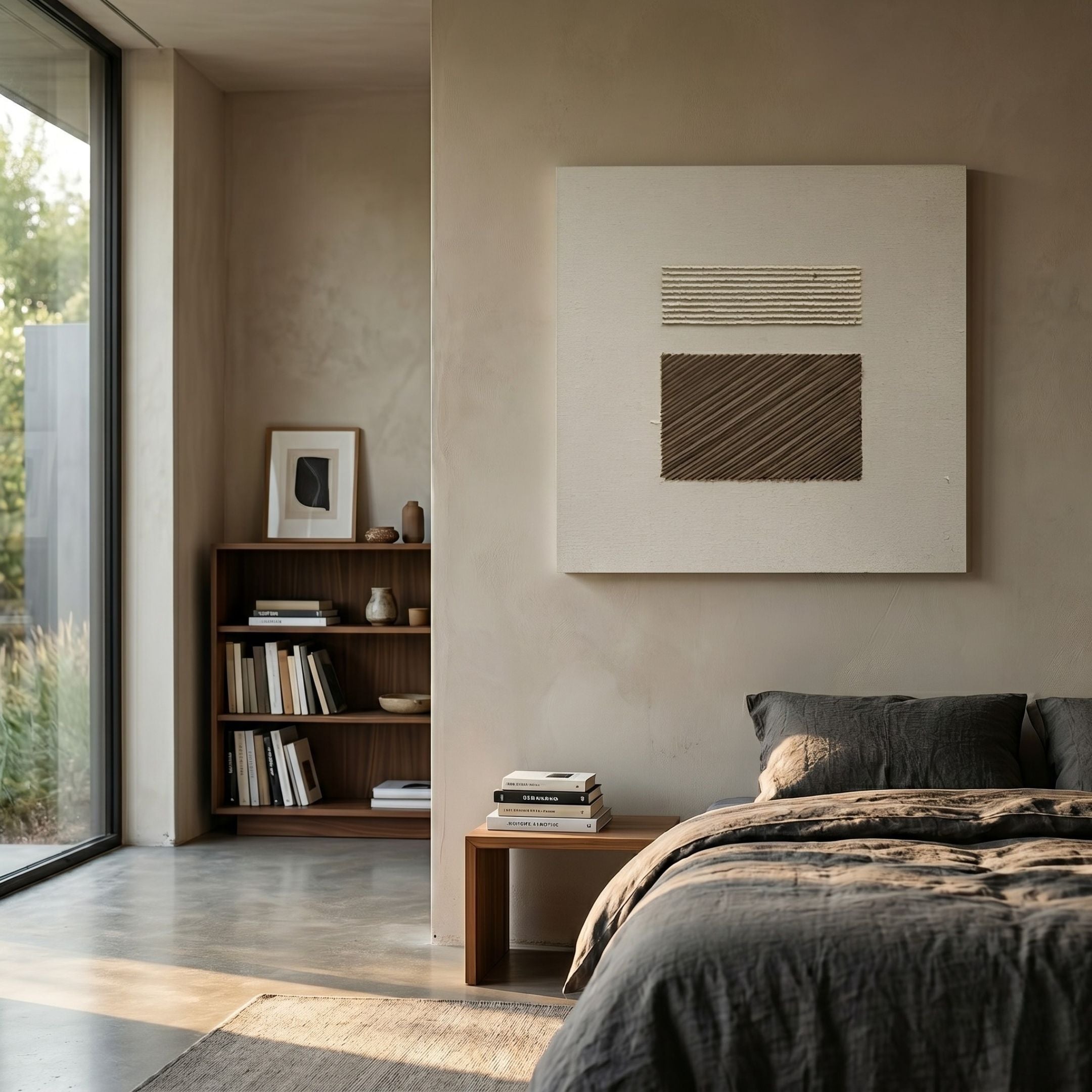 Textura Dual Block Linen Rope 3D Wall Art by Giant Sculptures displayed above a wooden nightstand in a minimalist bedroom with linen bedding and bookshelf.