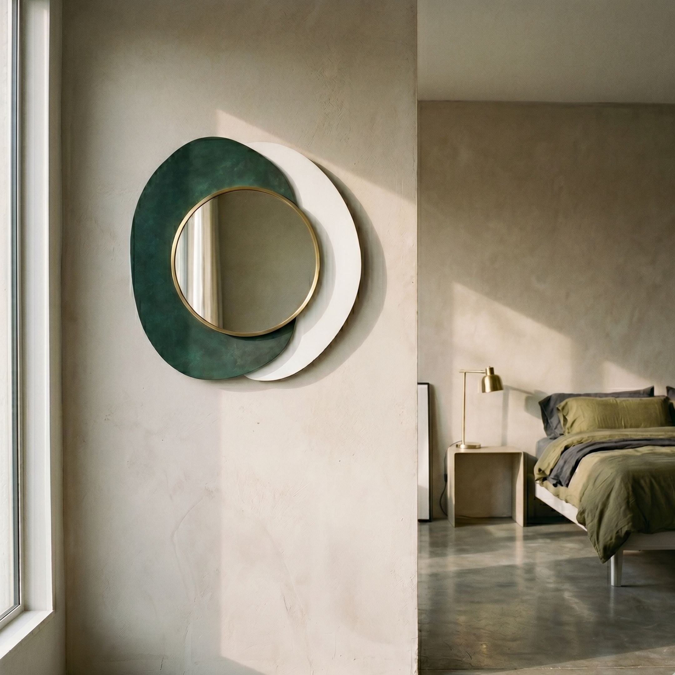 Solistra Emerald II Layered Round Mirror 3D Wall Art by Giant Sculptures, gold-framed circular mirror on emerald and white layered discs, mounted in a sunlit bedroom.