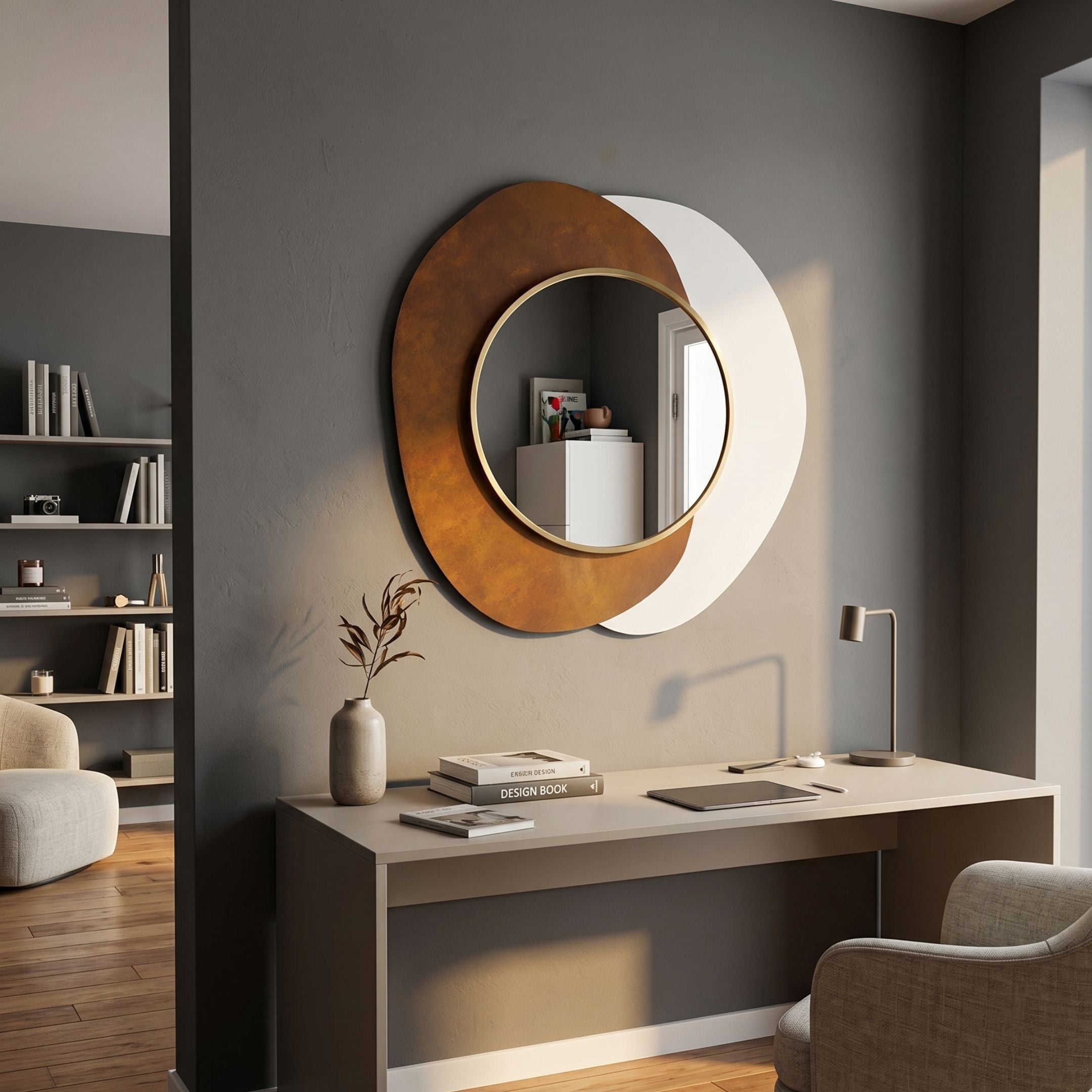 Solistra Amber II Layered Round Mirror 3D Wall Art by Giant Sculptures, gold-framed circular mirror over rusty amber and white backplates, mounted above a desk.