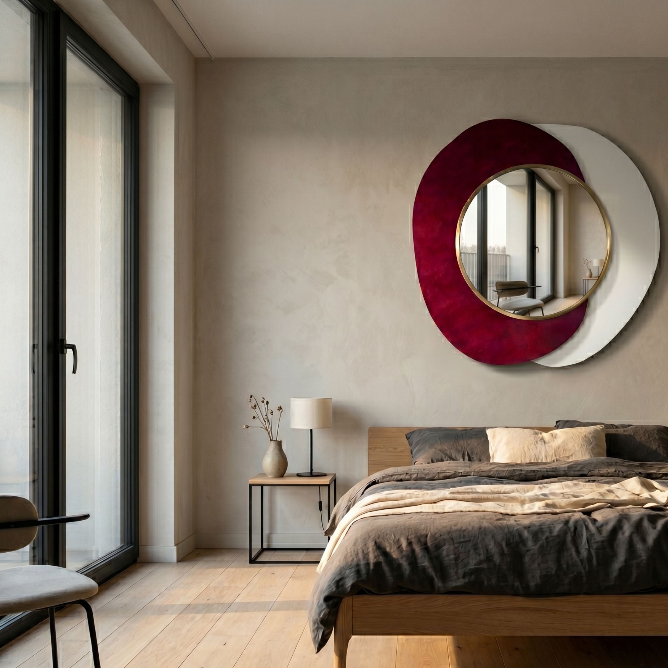 Solistra Crimson II Layered Round Mirror 3D Wall Art by Giant Sculptures, with gold-framed mirror over crimson and white plates, above a bed and nightstand.