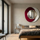 Solistra Crimson II Layered Round Mirror 3D Wall Art by Giant Sculptures, with gold-framed mirror over crimson and white plates, above a bed and nightstand.