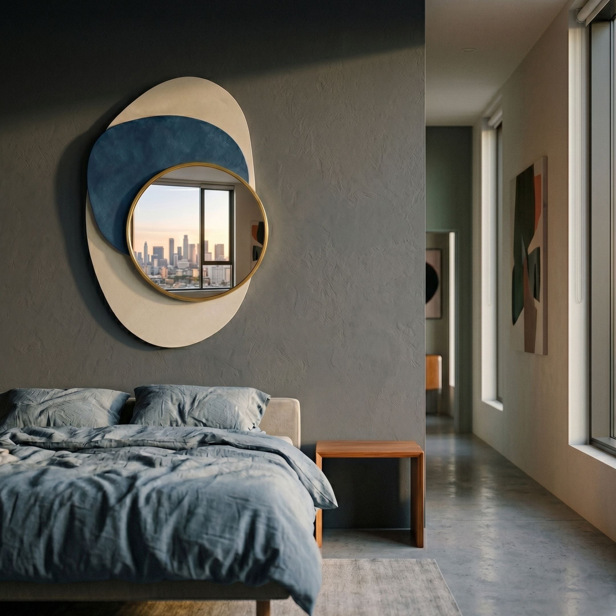 Solistra Azure III Layered Round Mirror 3D Wall Art by Giant Sculptures, with gold-edged mirror over white and blue forms, above a bed with grey linens.