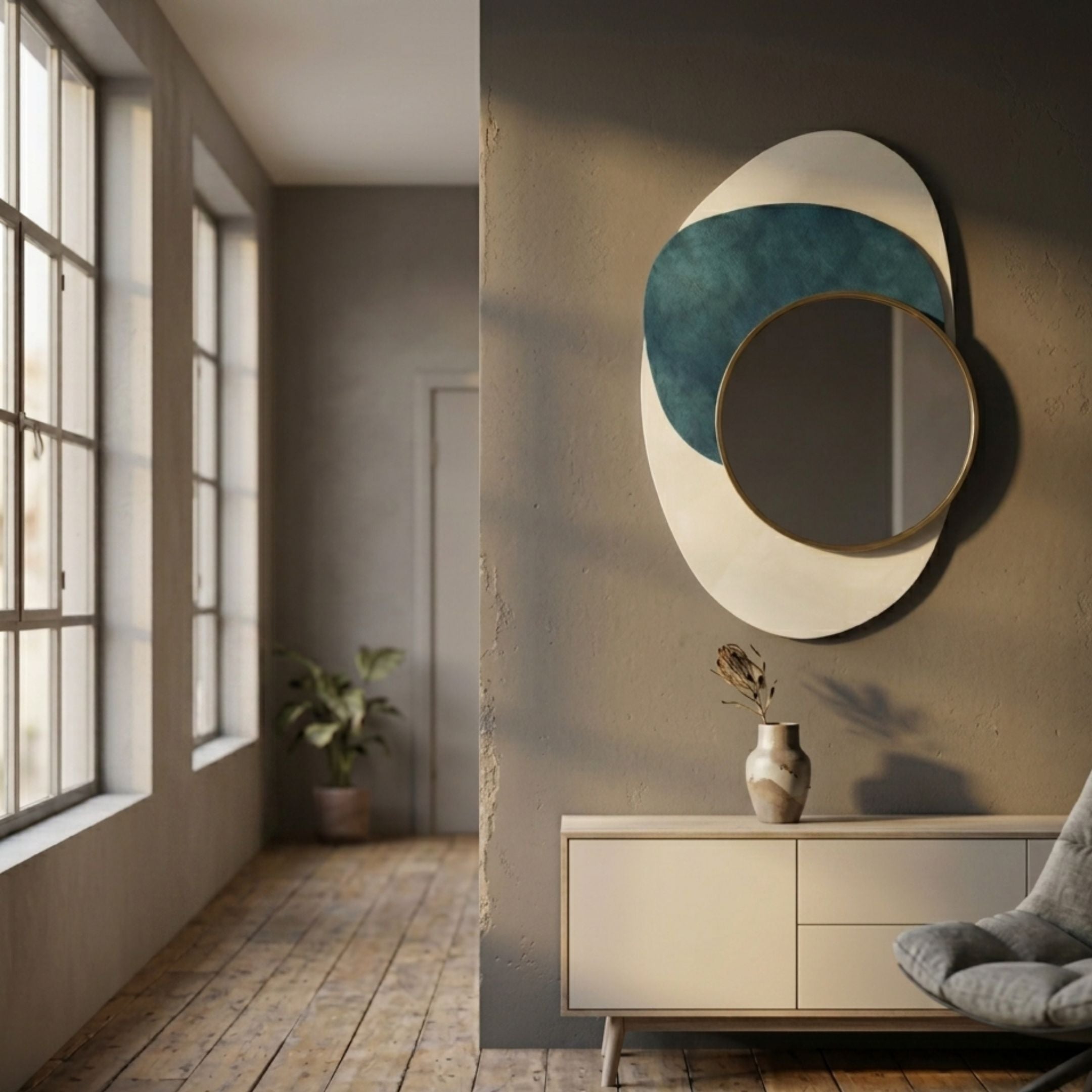 Solistra Emerald III Layered Round Mirror 3D Wall Art by Giant Sculptures, gold-framed circular mirror over teal and white ovals, mounted above a cream sideboard.