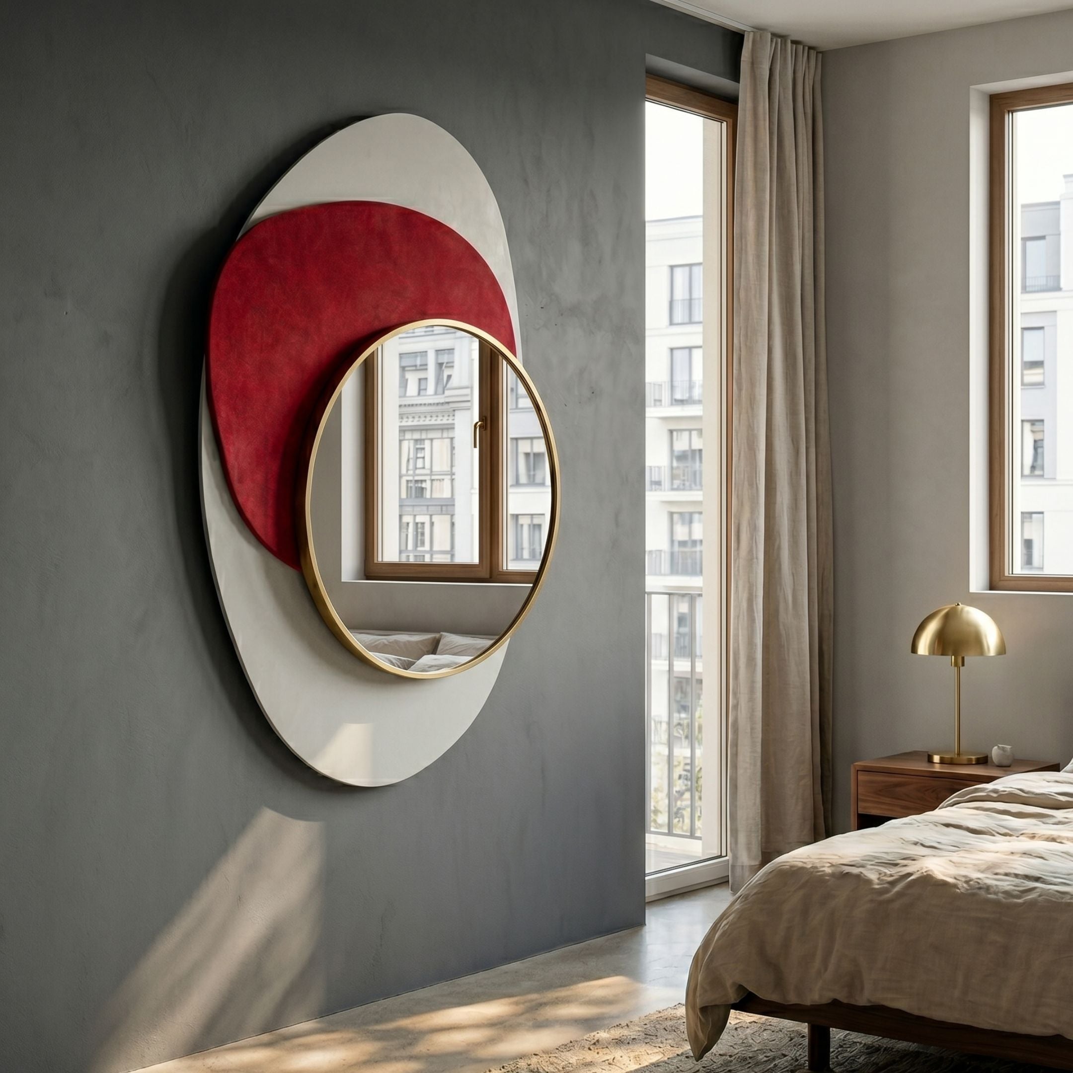 Solistra Crimson III Layered Round Mirror 3D Wall Art by Giant Sculptures, with gold-framed mirror over crimson and cream ovals, mounted in a modern bedroom.