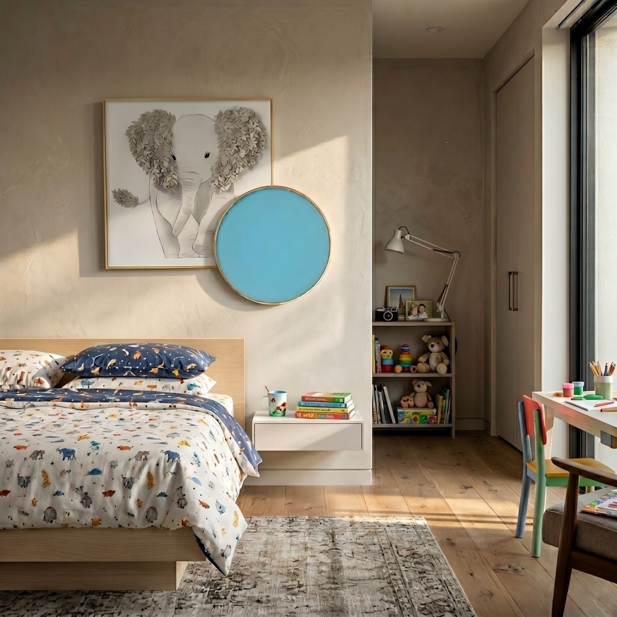 Blossomkin Blue Petal Elephant Kids 3D Wall Art by Giant Sculptures displayed above a wooden bed in a child's bedroom with bookshelf, desk, and toys.