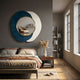 Solistra Azure II Layered Round Mirror 3D Wall Art by Giant Sculptures displayed above a bed in a modern bedroom with wooden floors and bookshelf.