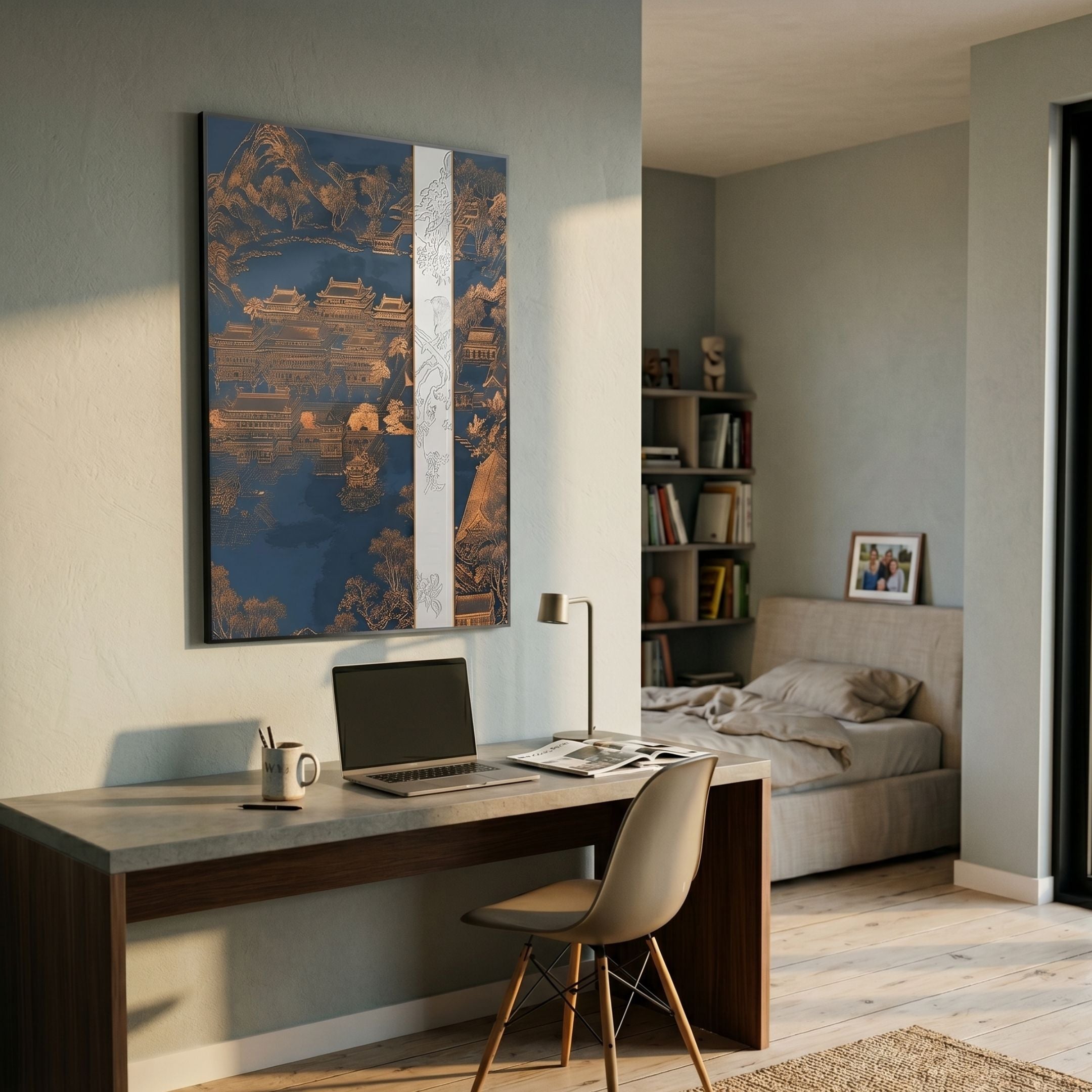 Yinjaro Navy & Bronze Temple Landscape 3D Wall Art displayed above a wooden desk with laptop in a modern home office, beside a bed and bookshelf nook.