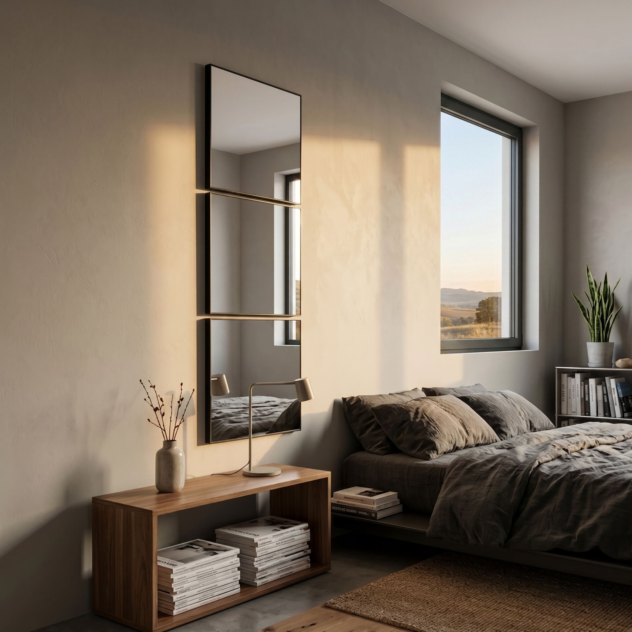 Quadria 3-Panel Square Wall Mirror by Giant Sculptures mounted vertically in a minimalist bedroom above a walnut console beside a linen-dressed bed and window.
