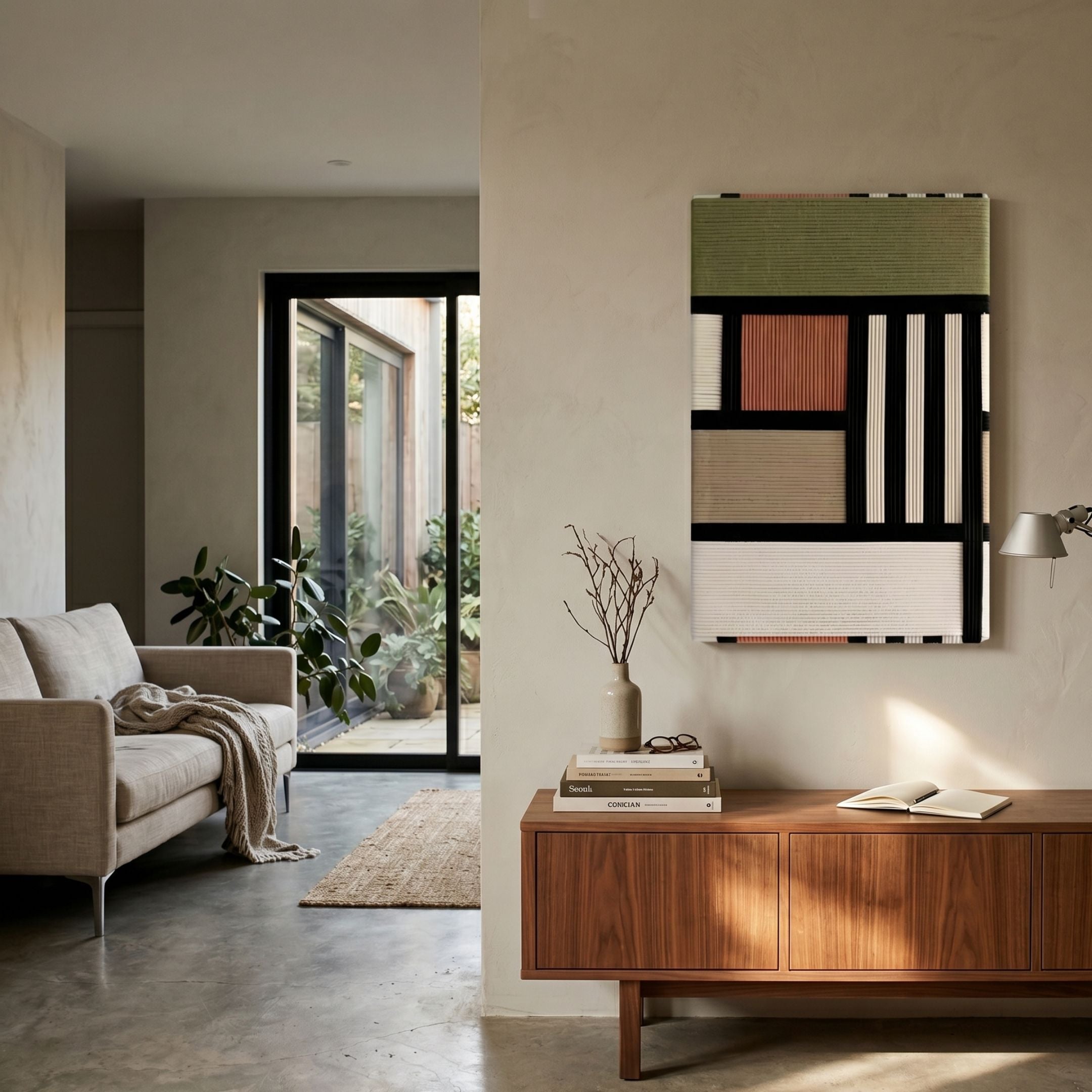 Tessella Olive & Terracotta Interwoven Yarn 3D Wall Art by Giant Sculptures displayed on a cream wall above a walnut sideboard in a modern living room.