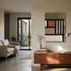 Tessella Olive & Terracotta Interwoven Yarn 3D Wall Art by Giant Sculptures displayed on a cream wall above a walnut sideboard in a modern living room.