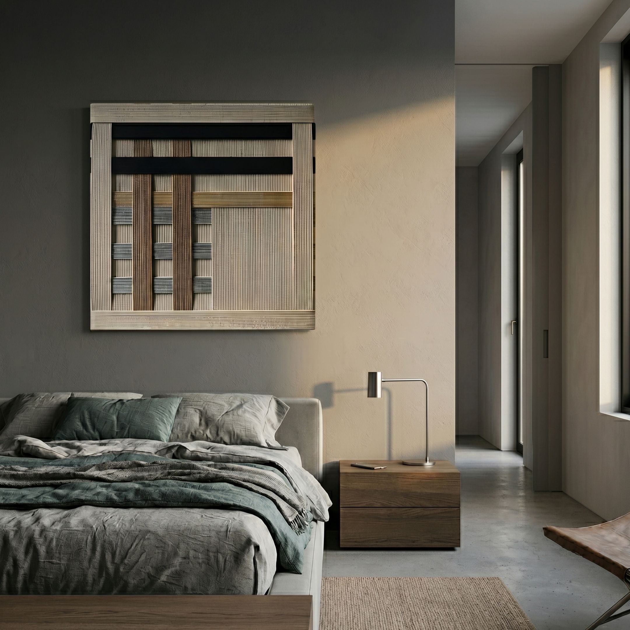 Tessella Walnut & Slate Interwoven Yarn 3D Wall Art by Giant Sculptures mounted above a linen-dressed bed with a walnut nightstand in a modern bedroom.