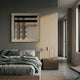Tessella Walnut & Slate Interwoven Yarn 3D Wall Art by Giant Sculptures mounted above a linen-dressed bed with a walnut nightstand in a modern bedroom.