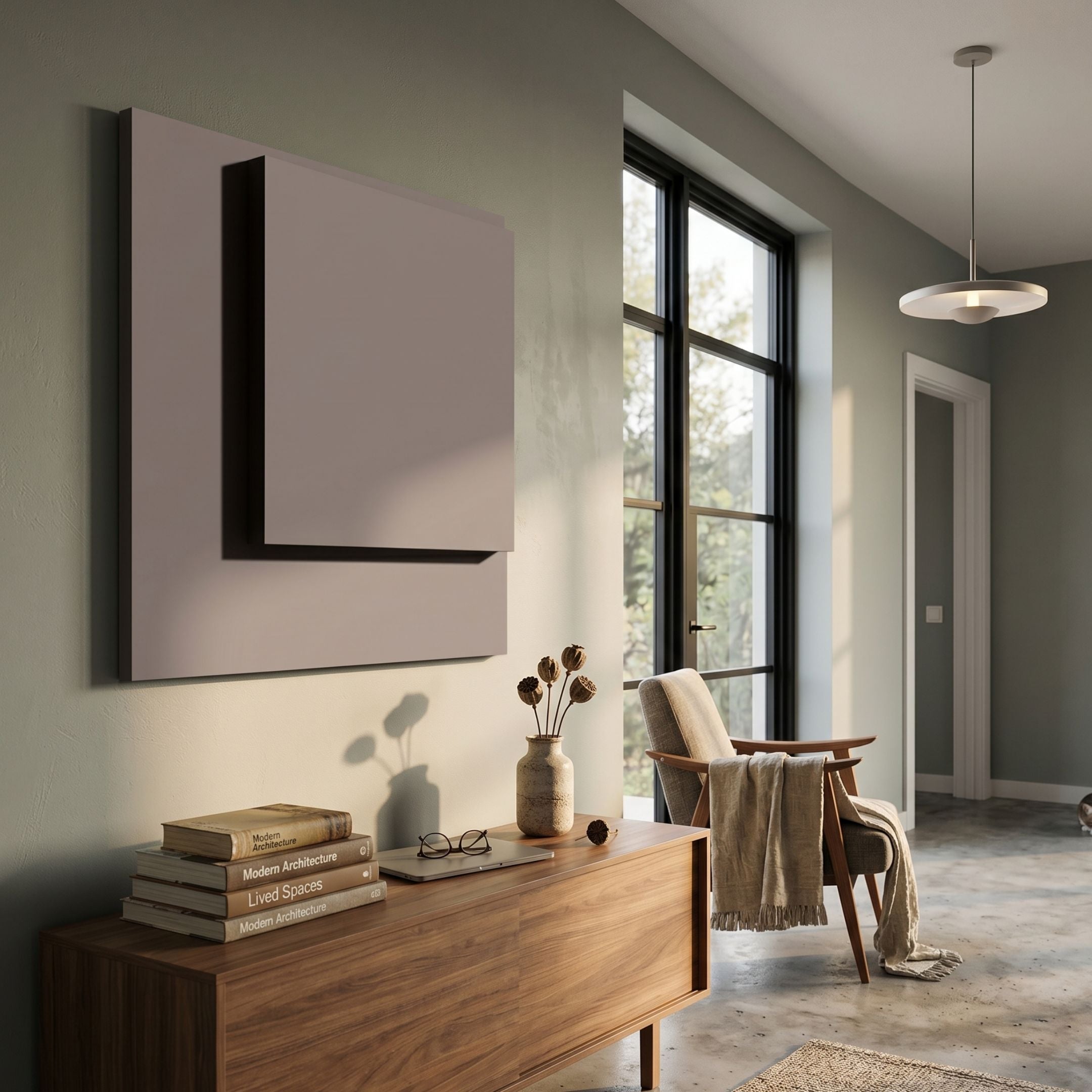 Cavora Taupe Block Carved Hand-Painted 3D Wall Art by Giant Sculptures mounted above a walnut sideboard with books, vase, and armchair beside a tall window.
