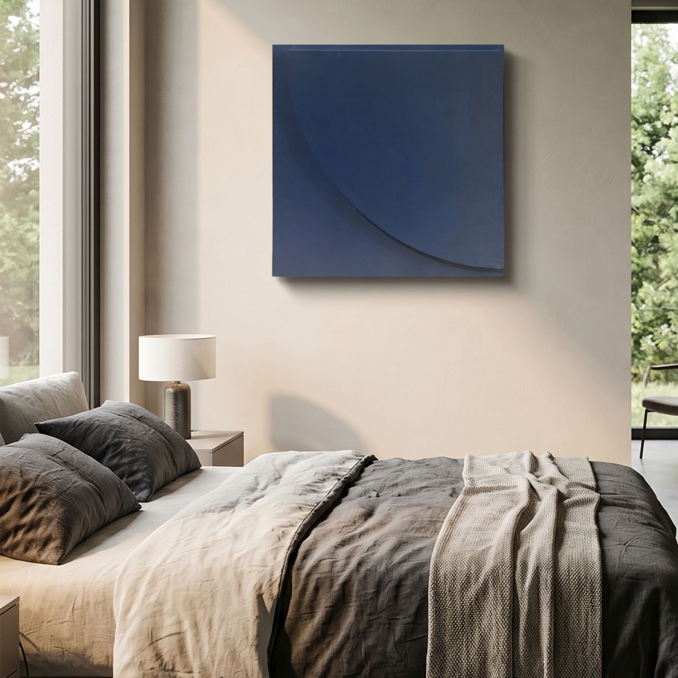 Cavora Blue Crescent Carved Hand-Painted 3D Wall Art by Giant Sculptures mounted above a bed dressed in grey and linen bedding in a modern bedroom.