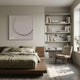 Cavora Grey Crescent Carved Hand-Painted 3D Wall Art mounted above a wooden platform bed with olive linen, beside a white bookshelf and armchair.