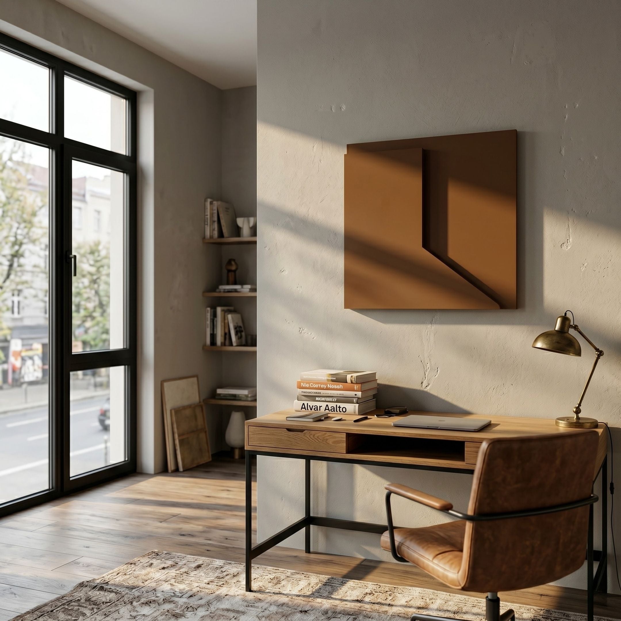 Cavora Umber Fold Carved Hand-Painted 3D Wall Art in warm brown mounted above a wooden desk with leather chair and brass lamp in a sunlit home office.