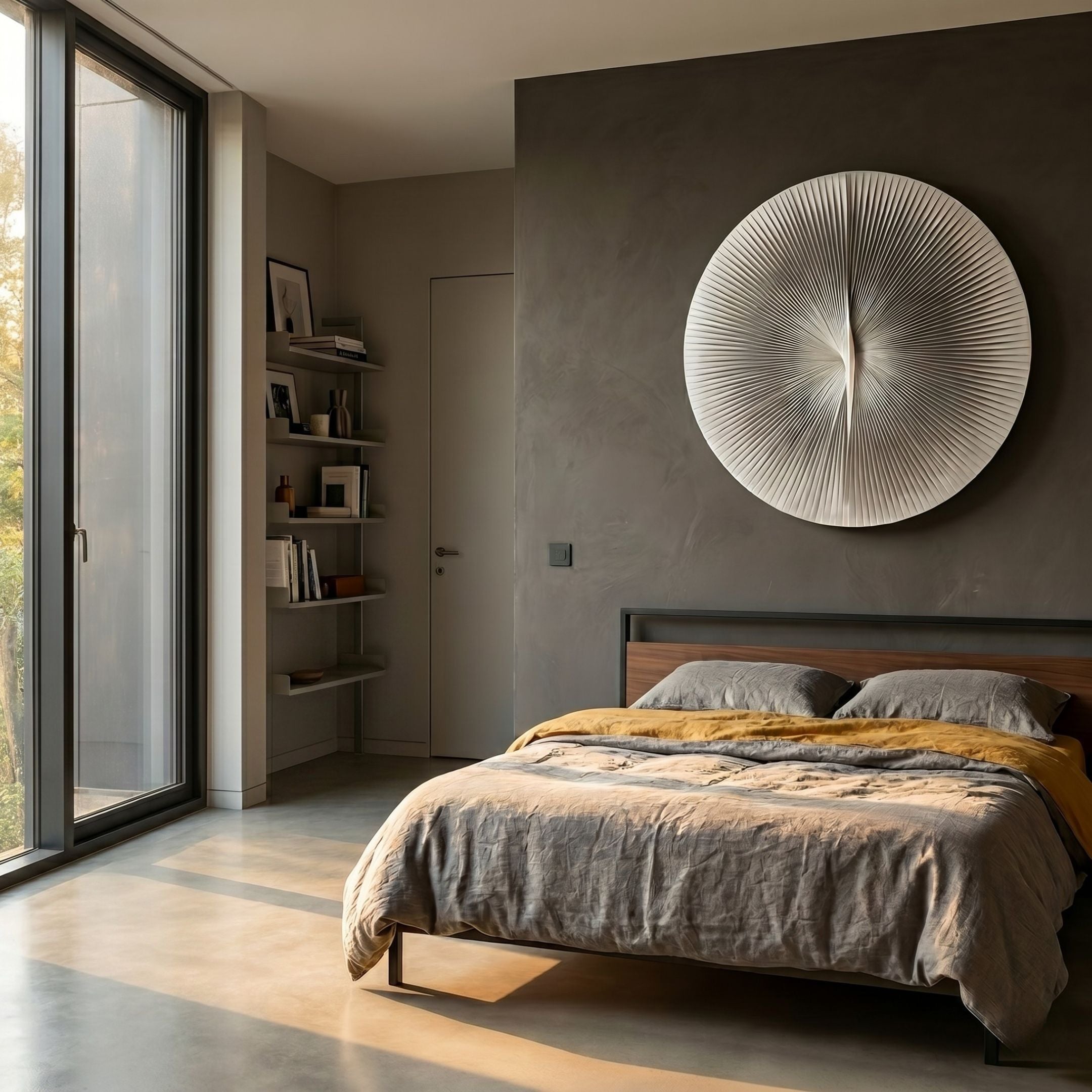 Lustara Silver Gradient Circular Leather 3D Wall Art mounted on a dark grey bedroom wall above a wooden bed with mustard and grey linens.