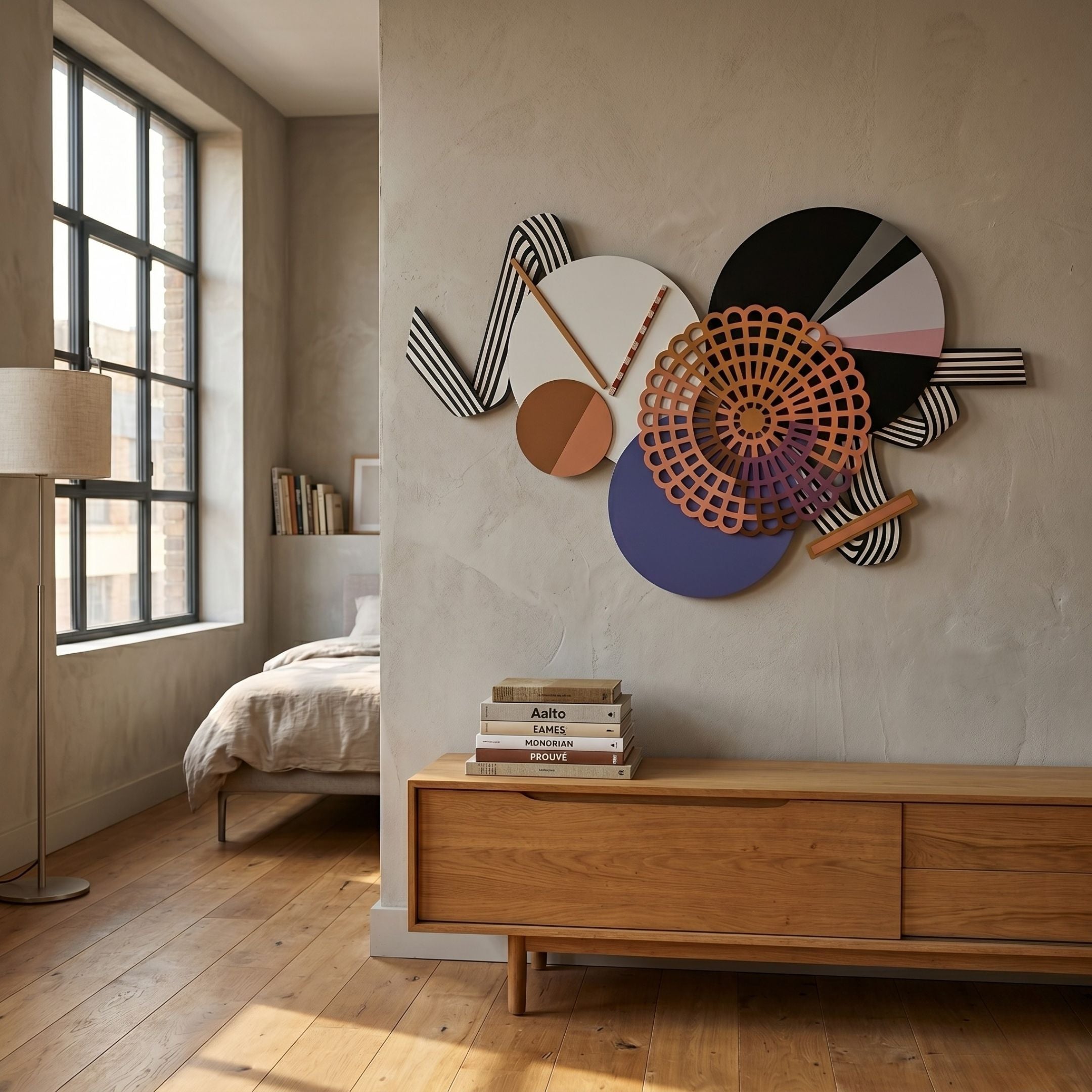 Cinetta Bronze & Violet Geometric Wood Carved 3D Wall Art by Giant Sculptures, mounted above an oak sideboard with design books in a sunlit bedroom.