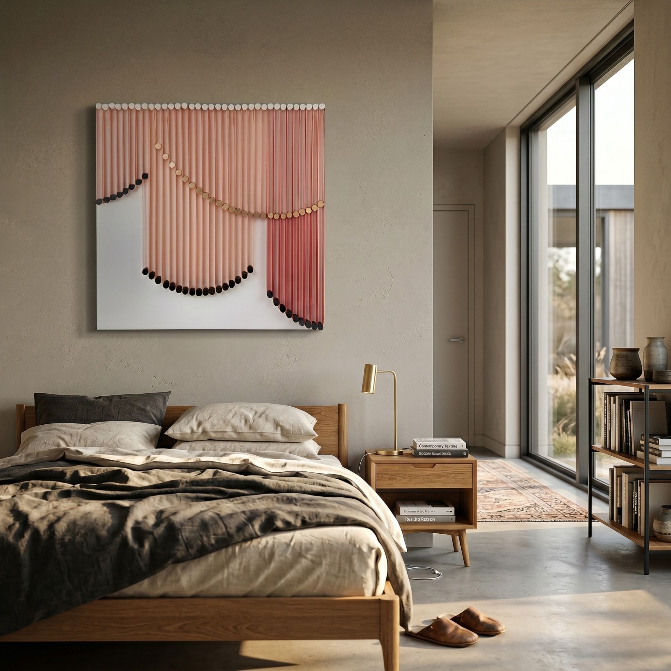 Dravena Warm Coral Elegance Ribbon 3D Wall Art by Giant Sculptures, with blush rods, black tips and gold discs, mounted above a wooden bed in a modern bedroom.