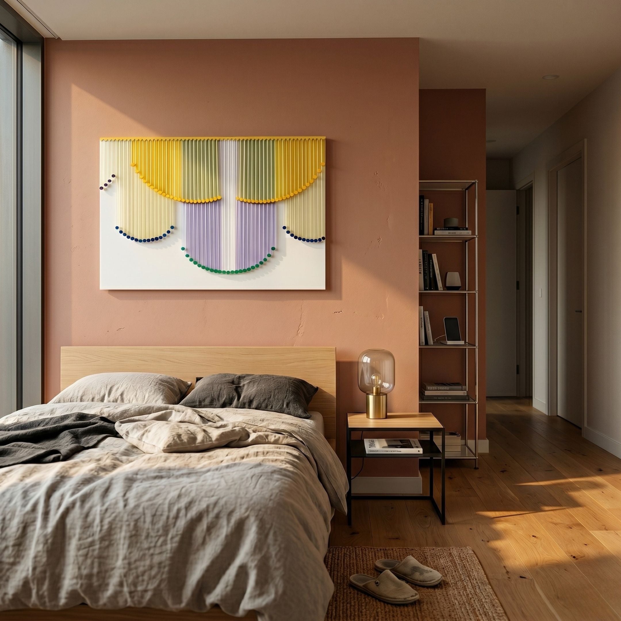 Dravena Golden Violet Flow Ribbon 3D Wall Art in yellow, beige, and lavender scalloped rods above a wooden bed in a warm terracotta bedroom.
