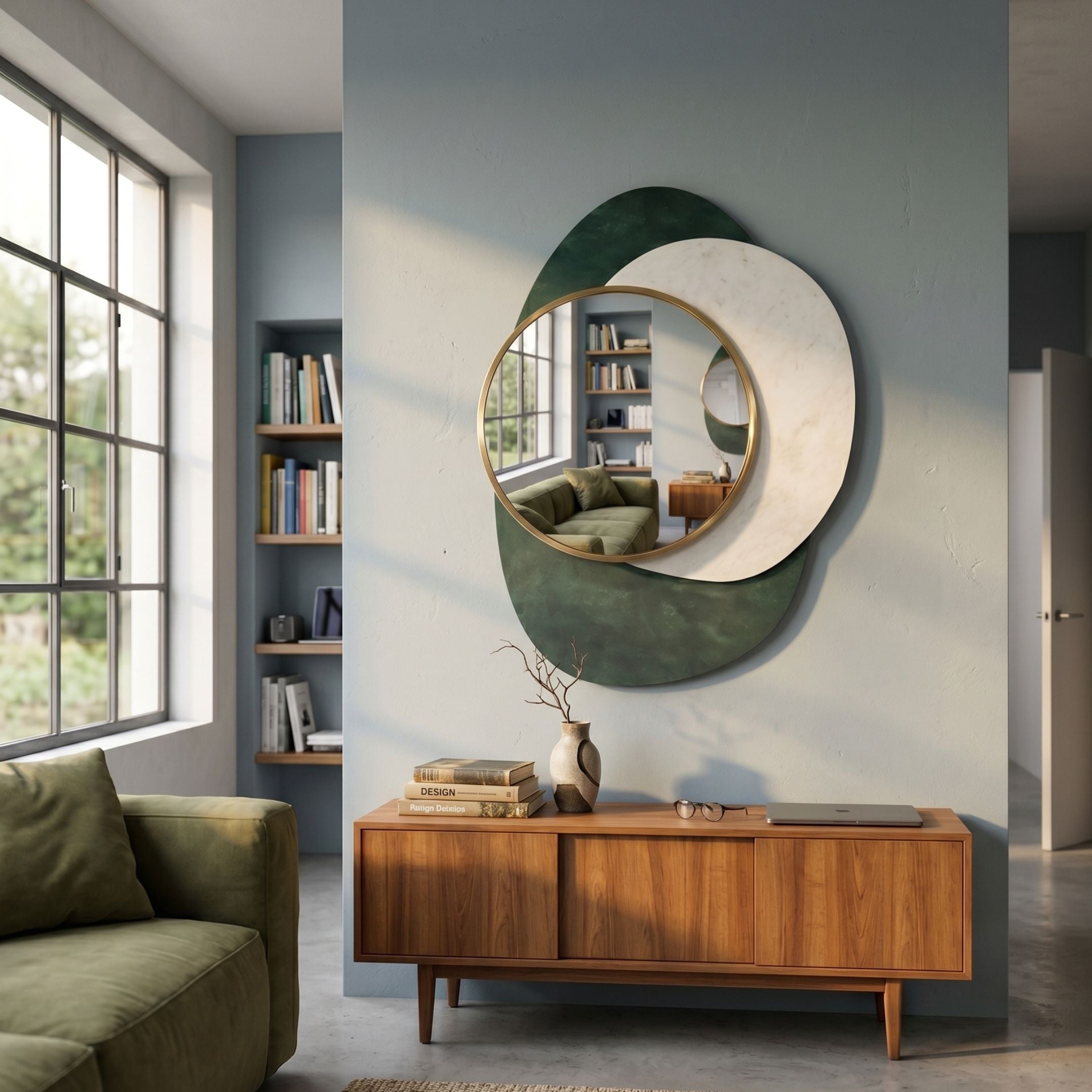 Solistra Emerald I Layered Round Mirror 3D Wall Art by Giant Sculptures displayed above a walnut sideboard in a modern living room with green sofa.