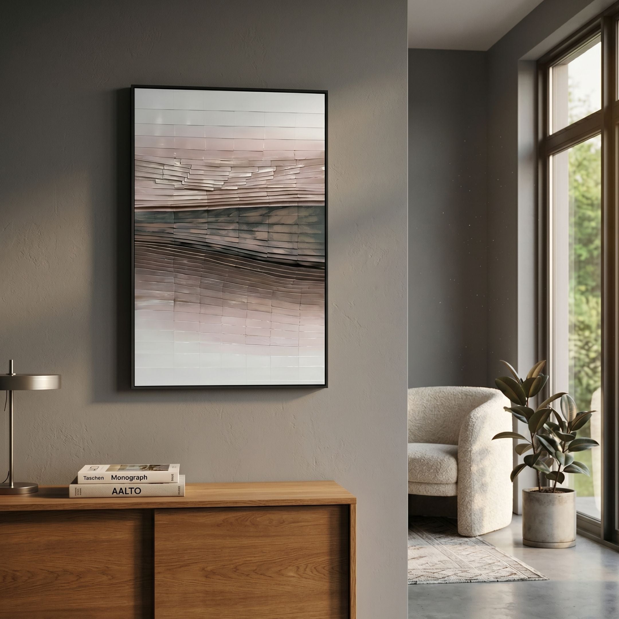 Sevara Blush Layered Hand-Painted 3D Wall Art in a black frame above a wooden console with books and a lamp, beside a boucle armchair and potted plant.