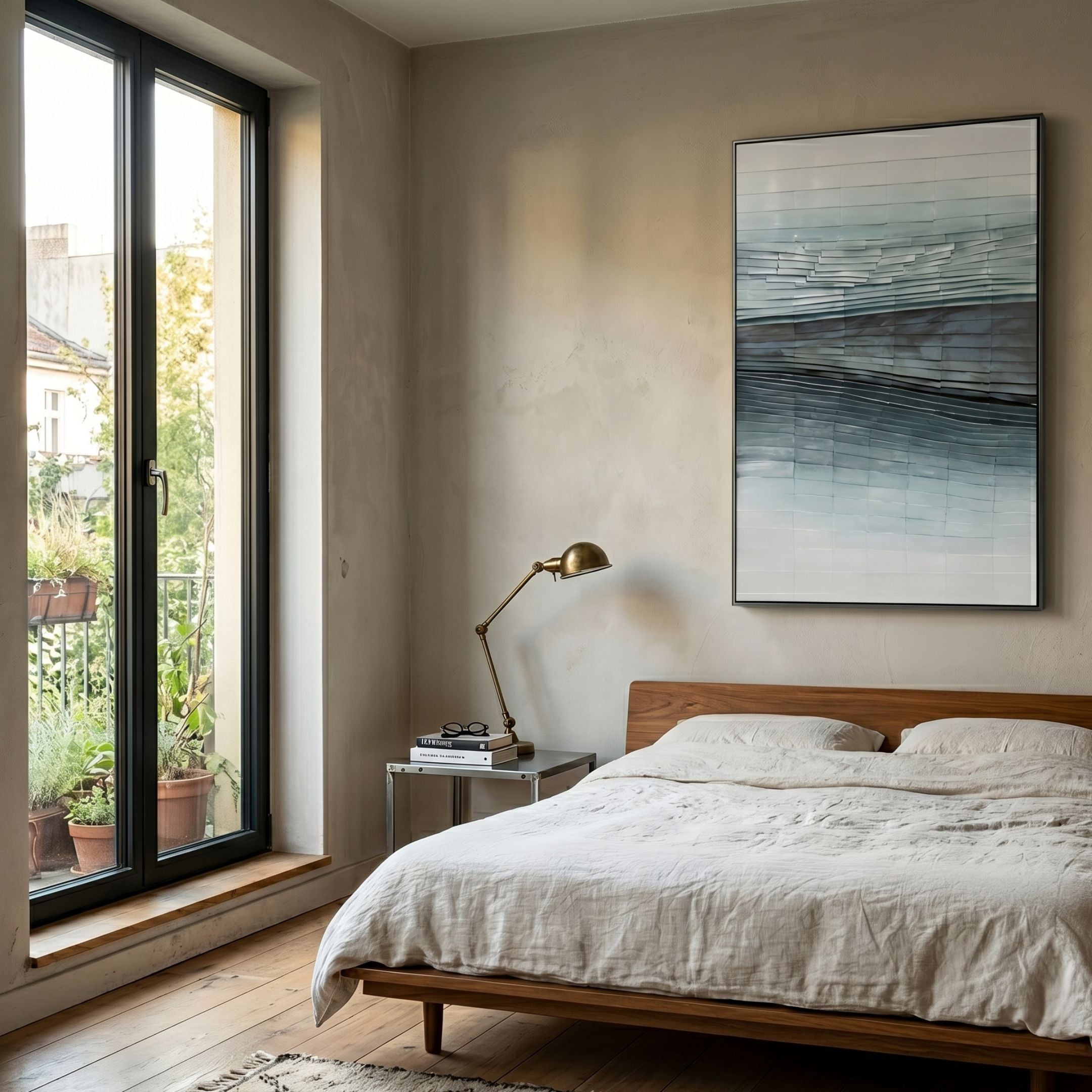 Sevara Aqua Layered Hand-Painted 3D Wall Art in a sunlit bedroom, hung above a wooden bed with linen bedding beside a window opening to a leafy balcony.