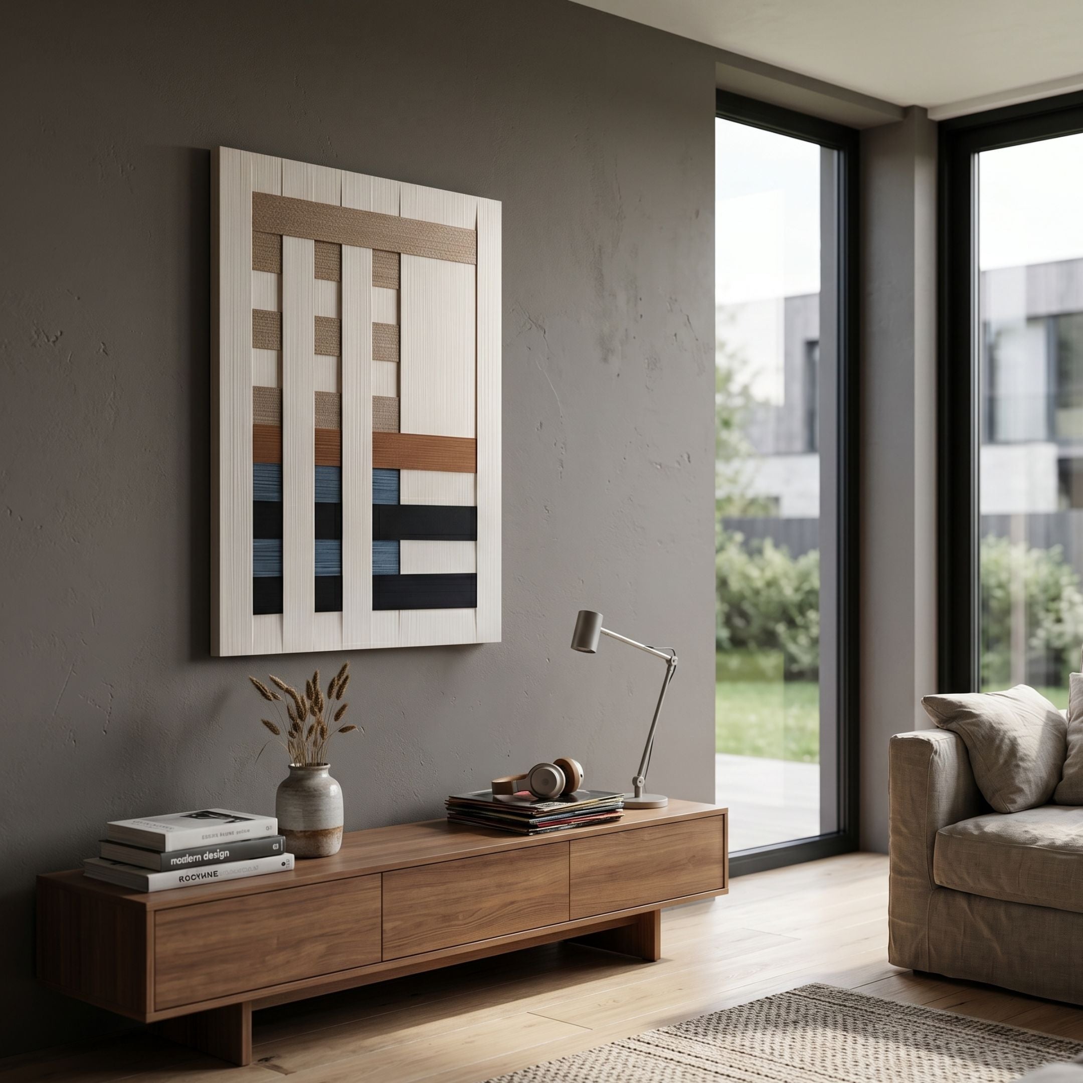Tessella Blue & Walnut Interwoven Yarn 3D Wall Art by Giant Sculptures, with beige, rust, blue, and black woven bands, displayed above a walnut sideboard.
