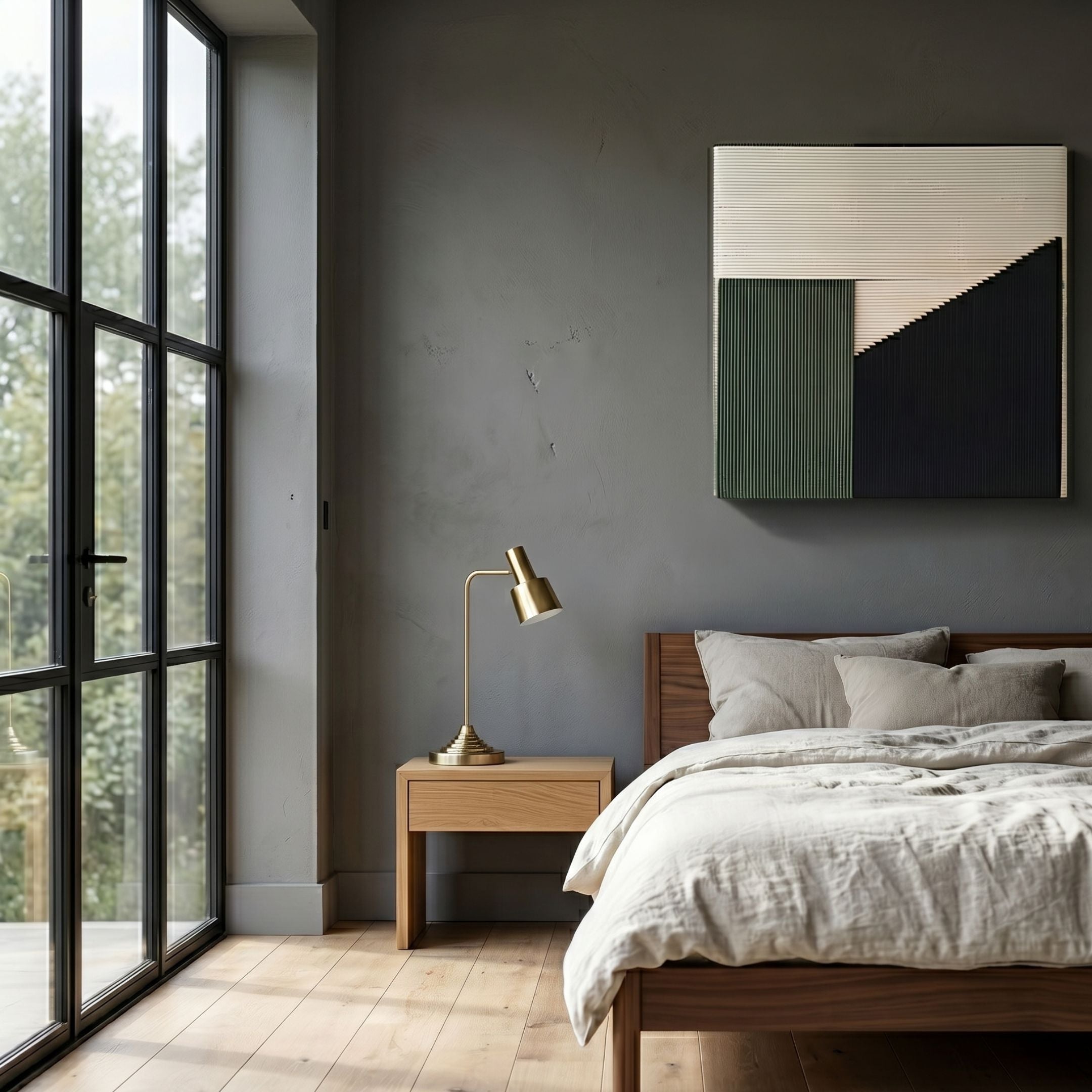 Tessella Olive & Black Interwoven Yarn 3D Wall Art by Giant Sculptures mounted on a grey bedroom wall above a walnut bed, beside a wooden nightstand and brass lamp.