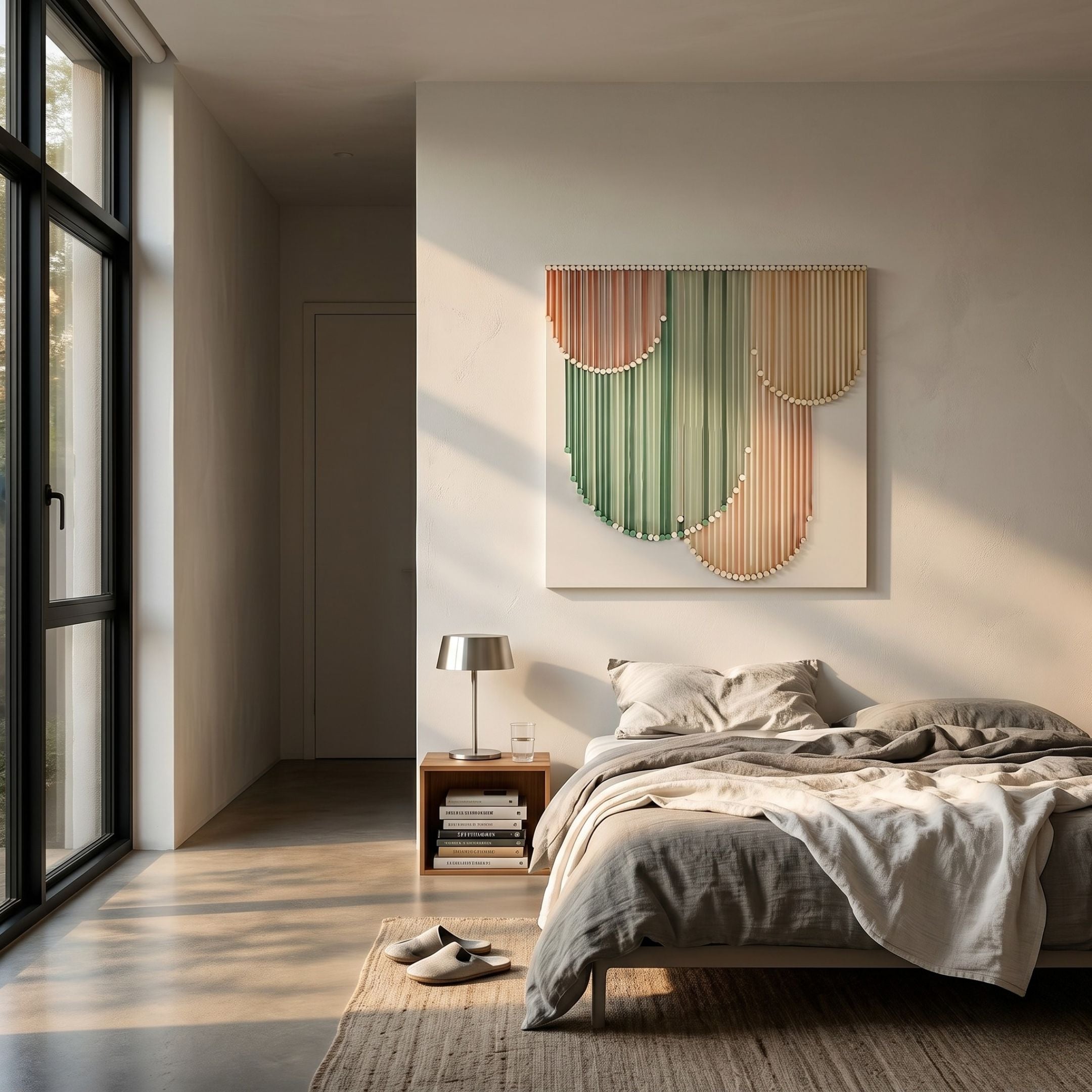 Dravena Green & Blush Harmony Ribbon 3D Wall Art by Giant Sculptures, displayed above a linen-dressed bed with a wooden nightstand in a sunlit bedroom.