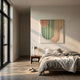 Dravena Green & Blush Harmony Ribbon 3D Wall Art by Giant Sculptures, displayed above a linen-dressed bed with a wooden nightstand in a sunlit bedroom.