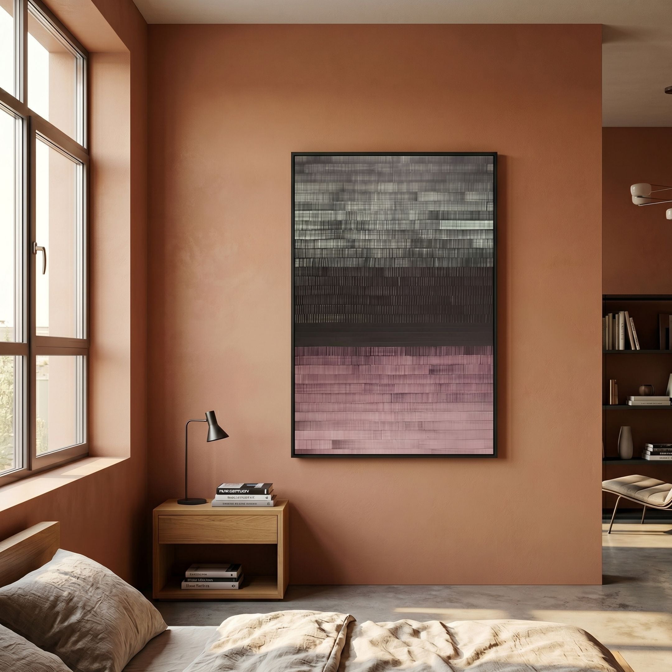 Chromastrata Charcoal & Blush Layered 3D Wall Art by Giant Sculptures displayed on a terracotta bedroom wall above a wooden nightstand with lamp and books.