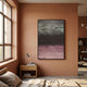Chromastrata Charcoal & Blush Layered 3D Wall Art by Giant Sculptures displayed on a terracotta bedroom wall above a wooden nightstand with lamp and books.