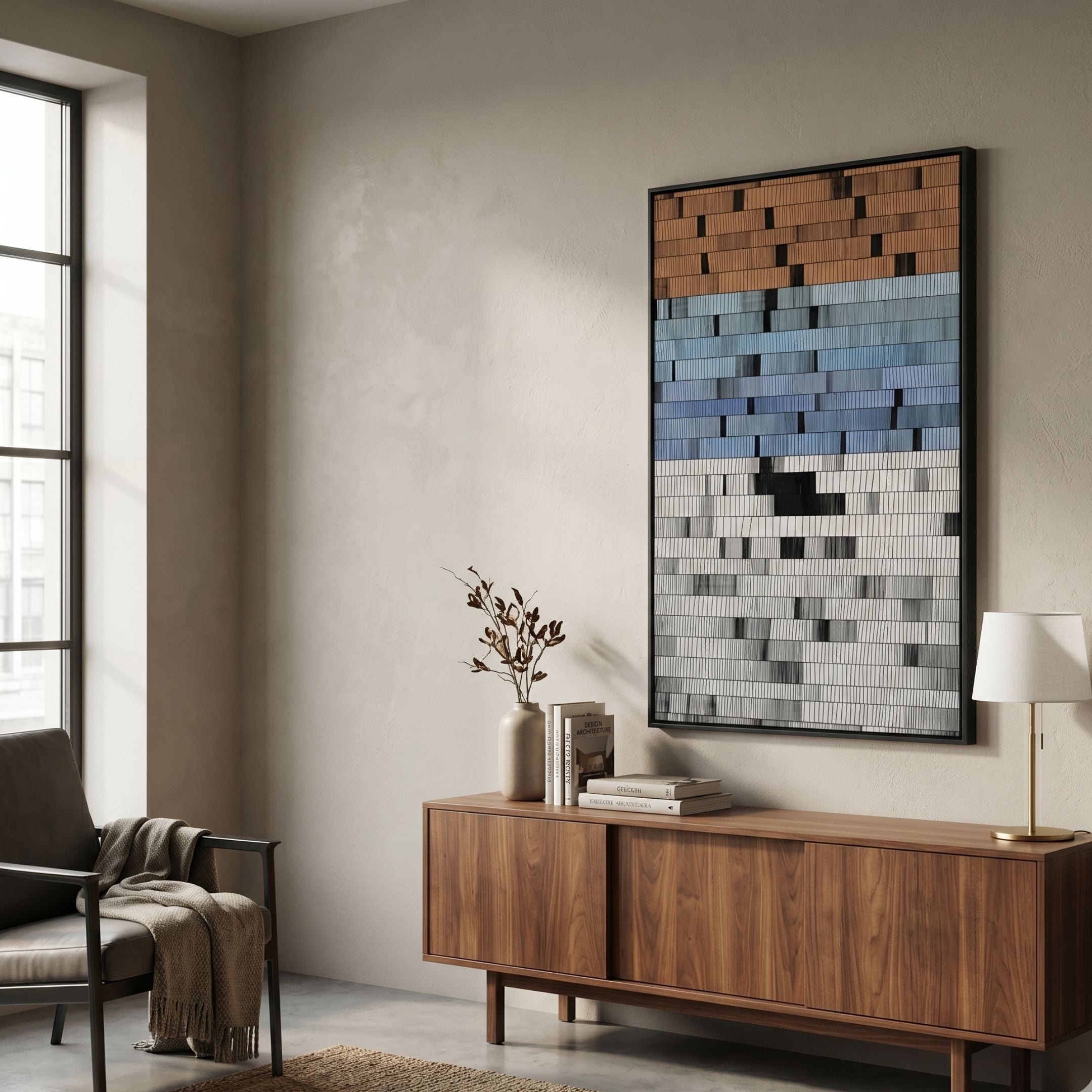 Chromastrata Sand & Sky Tiers Layered 3D Wall Art by Giant Sculptures displayed above a walnut sideboard with vase, books and lamp in a sunlit modern room.