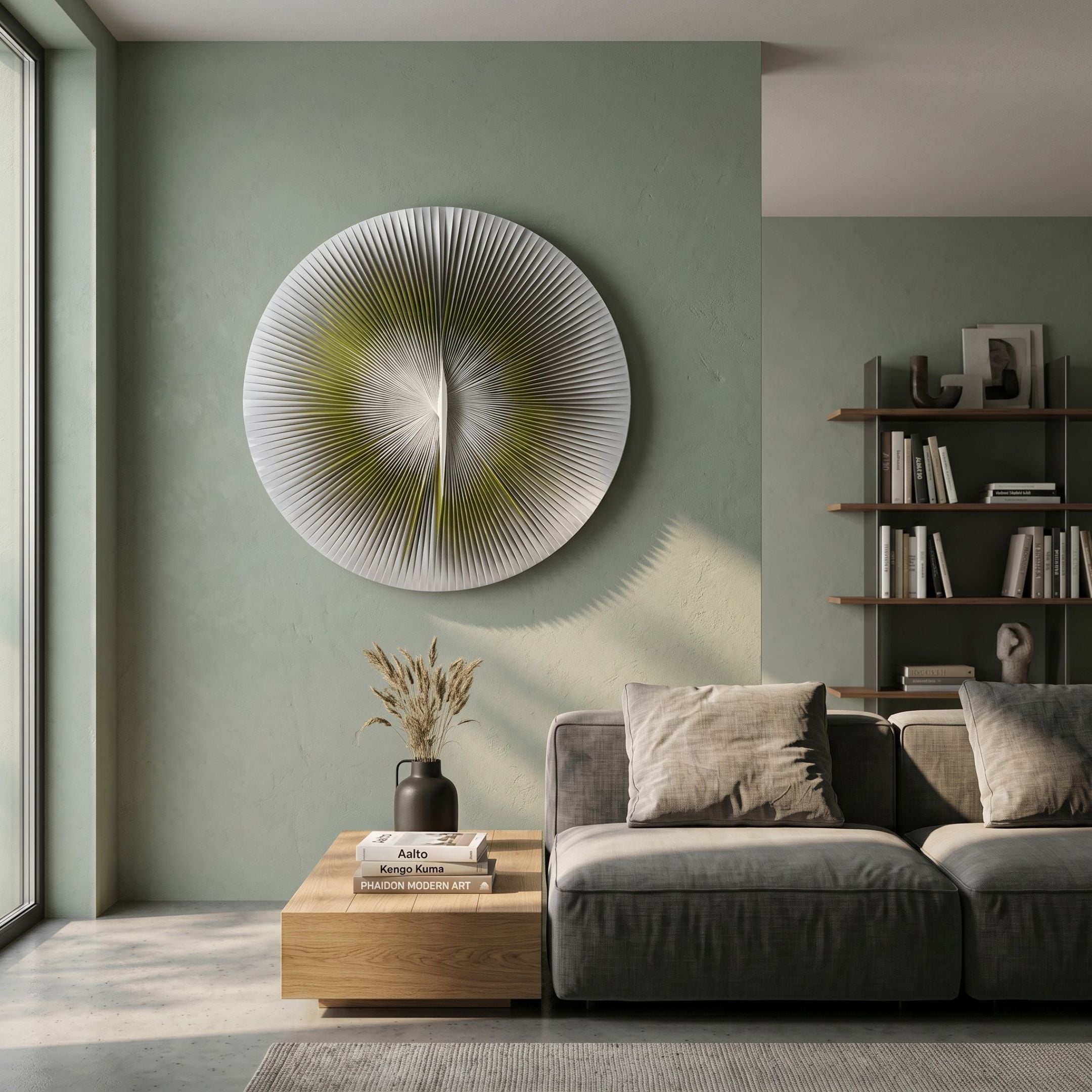 Lustara Yellow Gradient Circular Leather 3D Wall Art mounted on a sage green wall above a grey sofa and wooden coffee table in a modern living room.