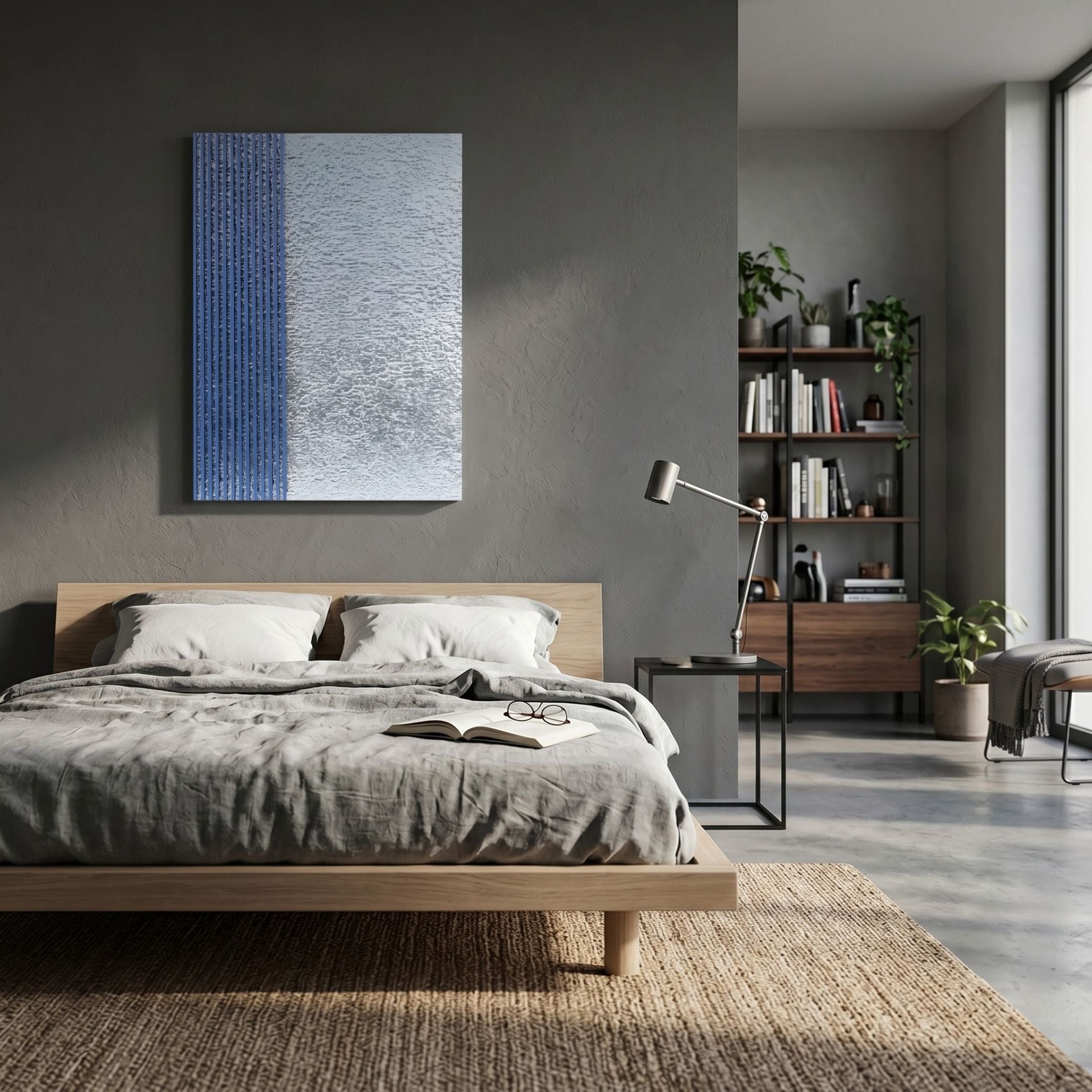 Metallure Blue Linear Textured Acrylic Silver Foil 3D Wall Art by Giant Sculptures displayed above a wooden bed in a modern grey bedroom with bookshelf.