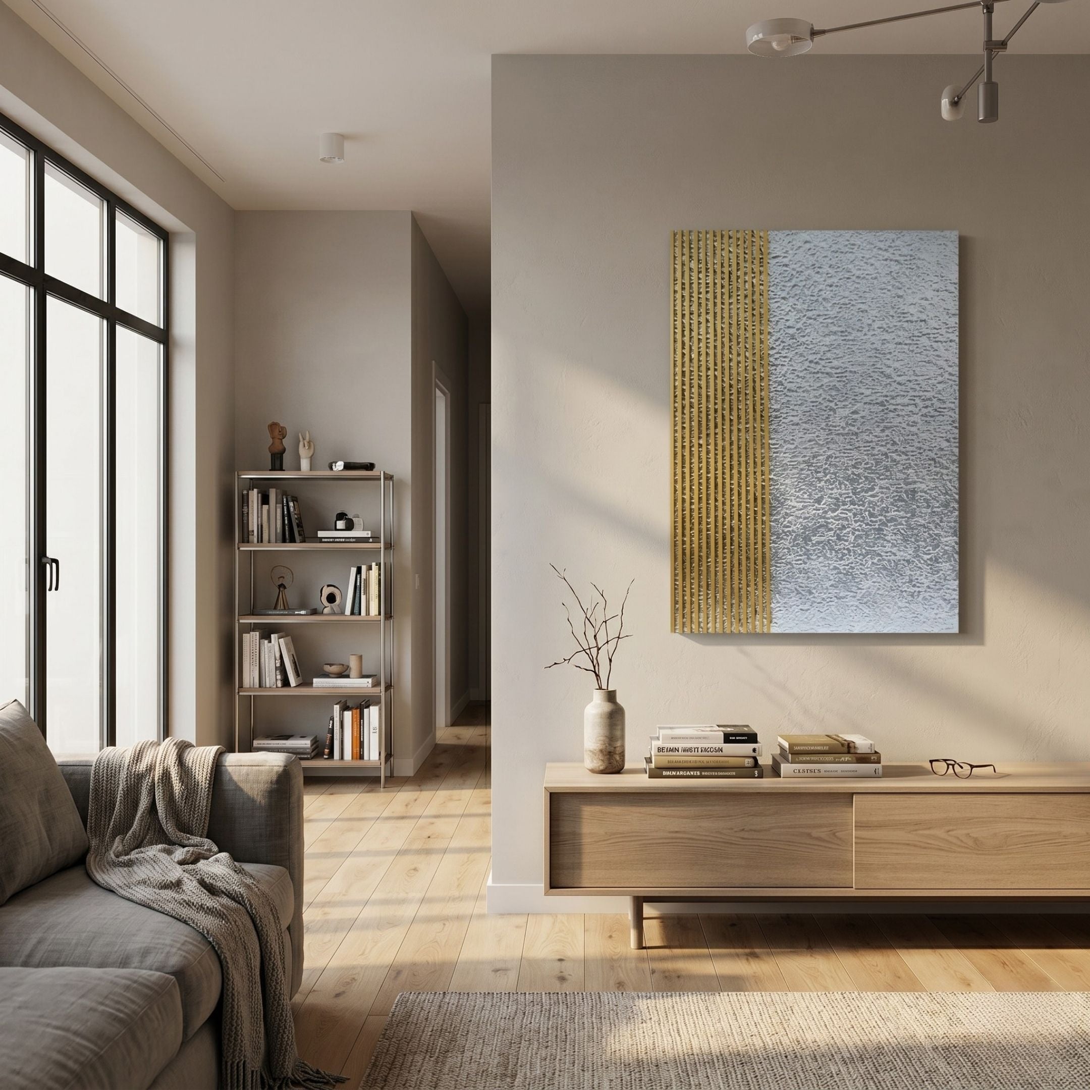 Metallure Gold Linear Textured Acrylic Silver Foil 3D Wall Art by Giant Sculptures displayed above a wooden console in a Nordic-style living room.