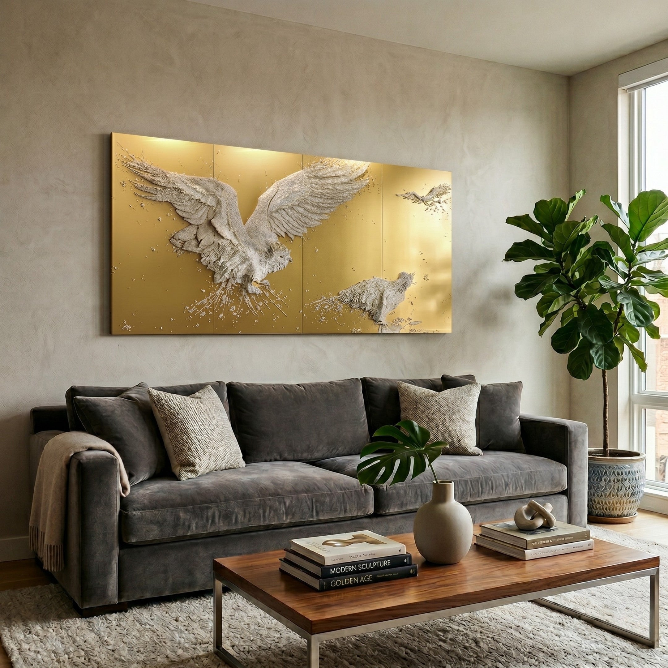 Aurellion Soaring Eagle & Birds Gold Panel 3D Button Wall Art by Giant Sculptures displayed above a grey velvet sofa in a living room with a walnut coffee table and fiddle leaf fig plant.