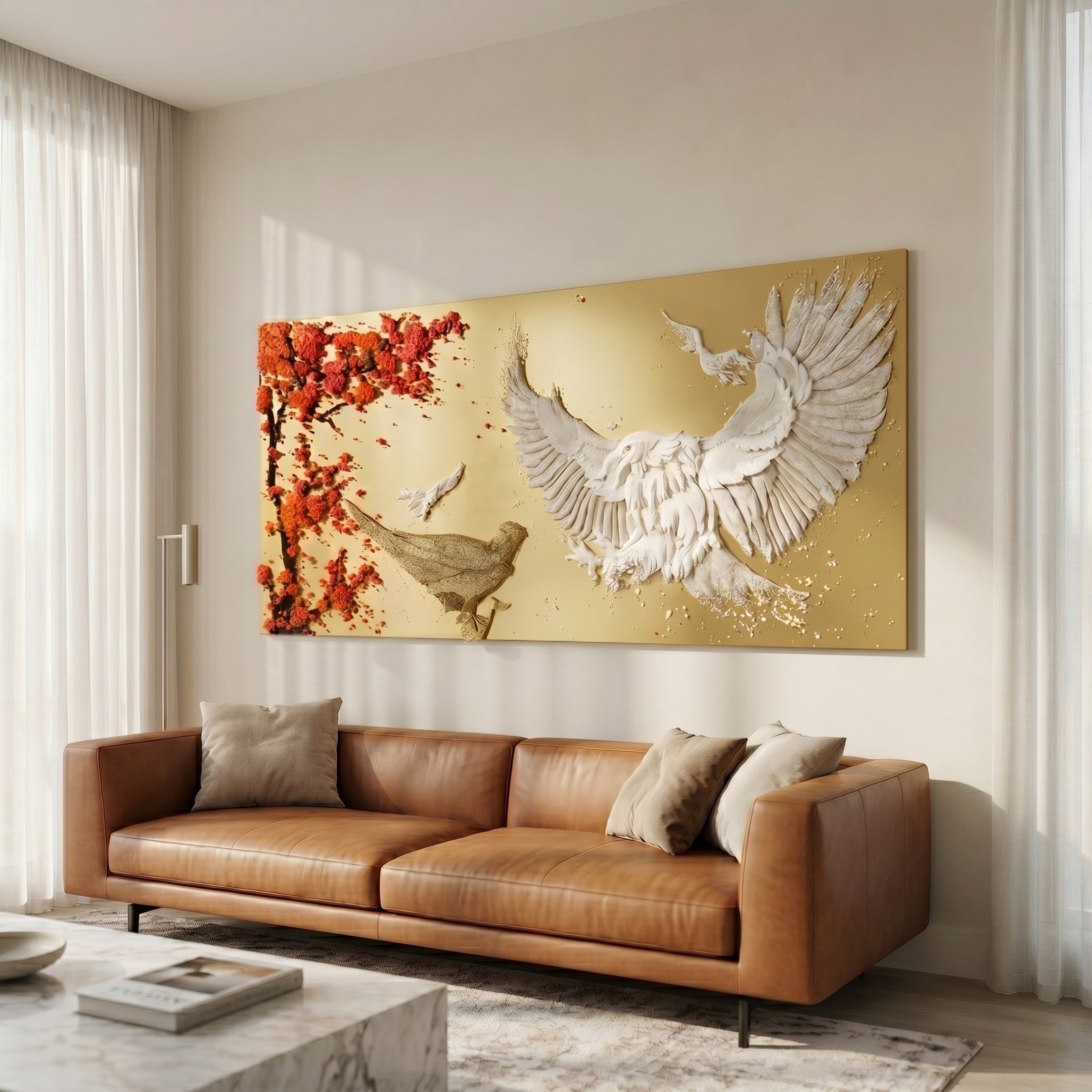 Aurellion White Birds & Red Blossom Gold Panel 3D Button Wall Art by Giant Sculptures mounted above a tan leather sofa, showing raised white bird relief and red blossom branches on a warm gold background.