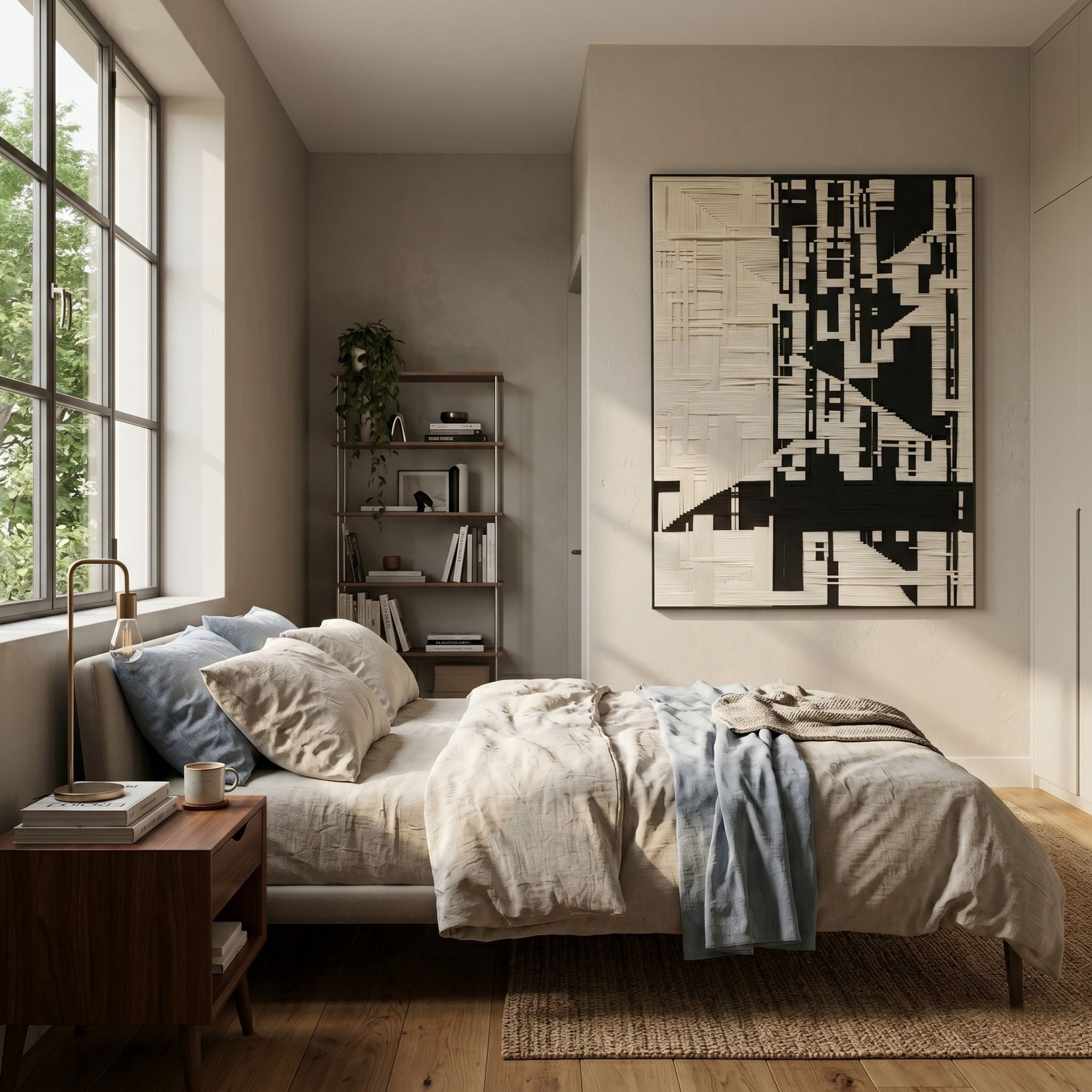 Lintrix Black & White Geometric Woollen Knit 3D Wall Art by Giant Sculptures displayed above a linen-dressed bed in a sunlit modern bedroom with walnut shelving.