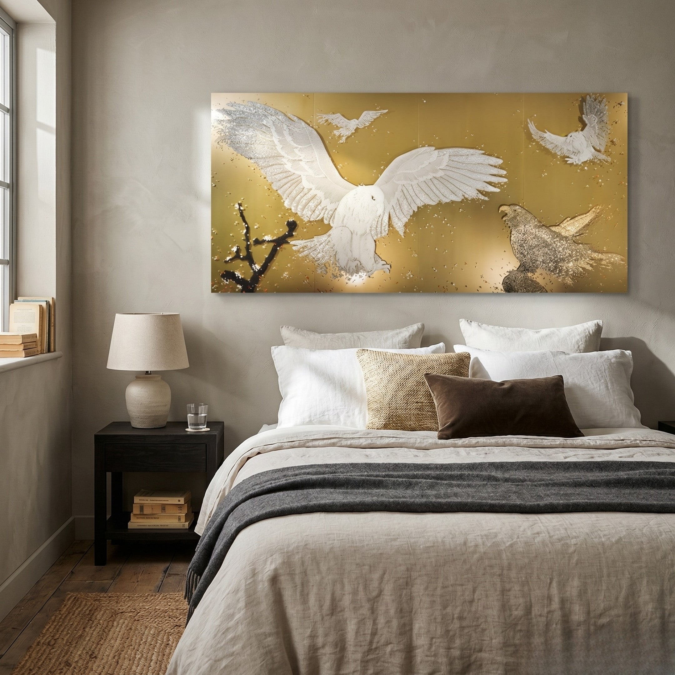 Aurellion White Birds Flight Gold Panel 3D Button Wall Art by Giant Sculptures displayed above a neutral-toned bed, showing raised white birds in flight on a warm gold background with a dark branch detail.