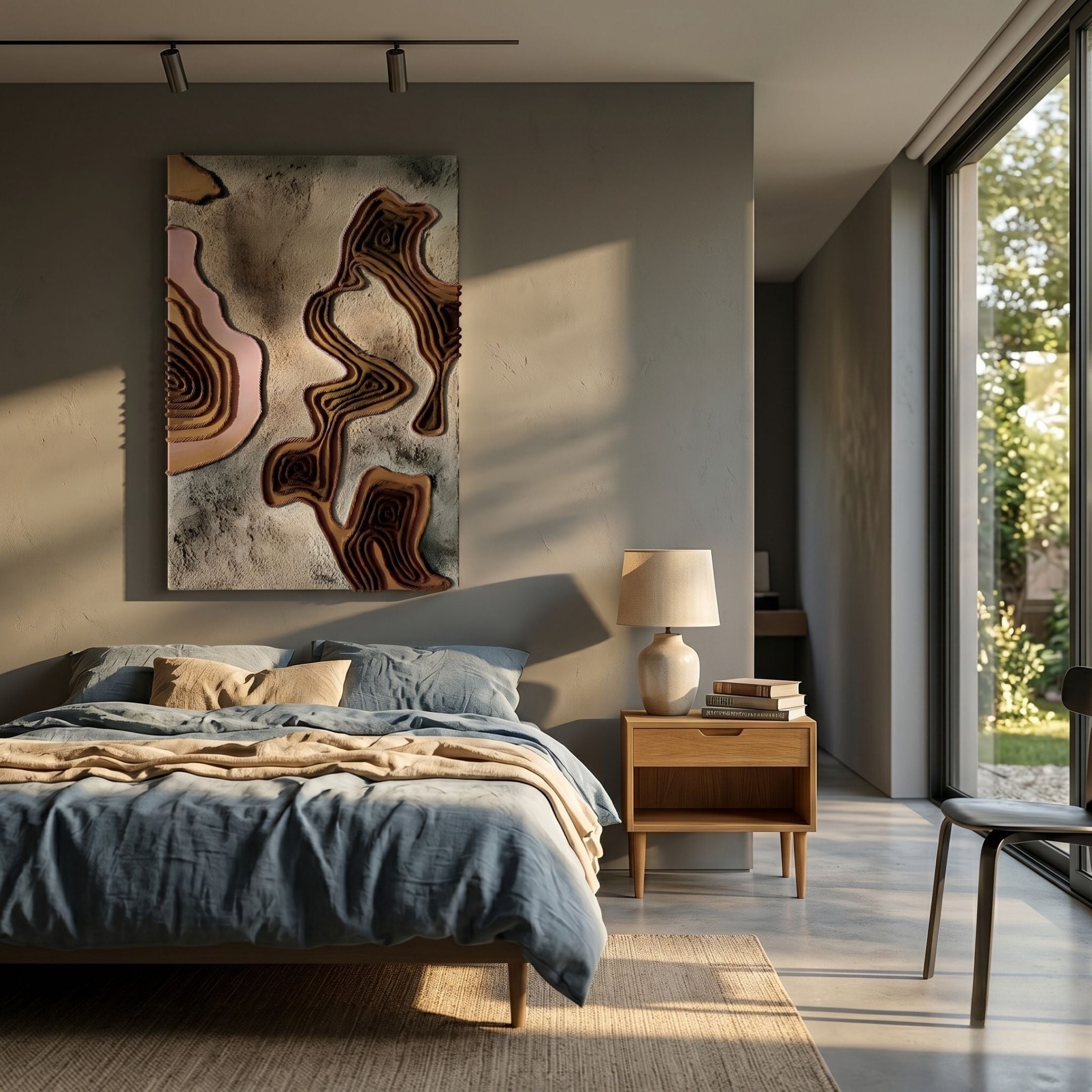 Terracore Earth Brown Contour Relief Abstract 3D Wall Art by Giant Sculptures hung above a wood nightstand in a modern bedroom with linen-dressed bed.